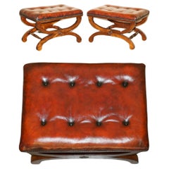 PAIR OF ANTIQUE REGENCY BROWN LEATHER CHESTERFIELD BARON X FRAMED FOOTSTOOLs