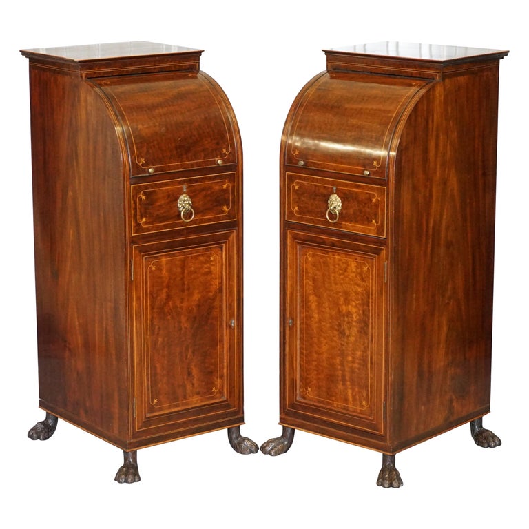 Pair of Antique Regency Flamed Hardwood & Gilt Bronze Drinks Cabinet Pedestals For Sale