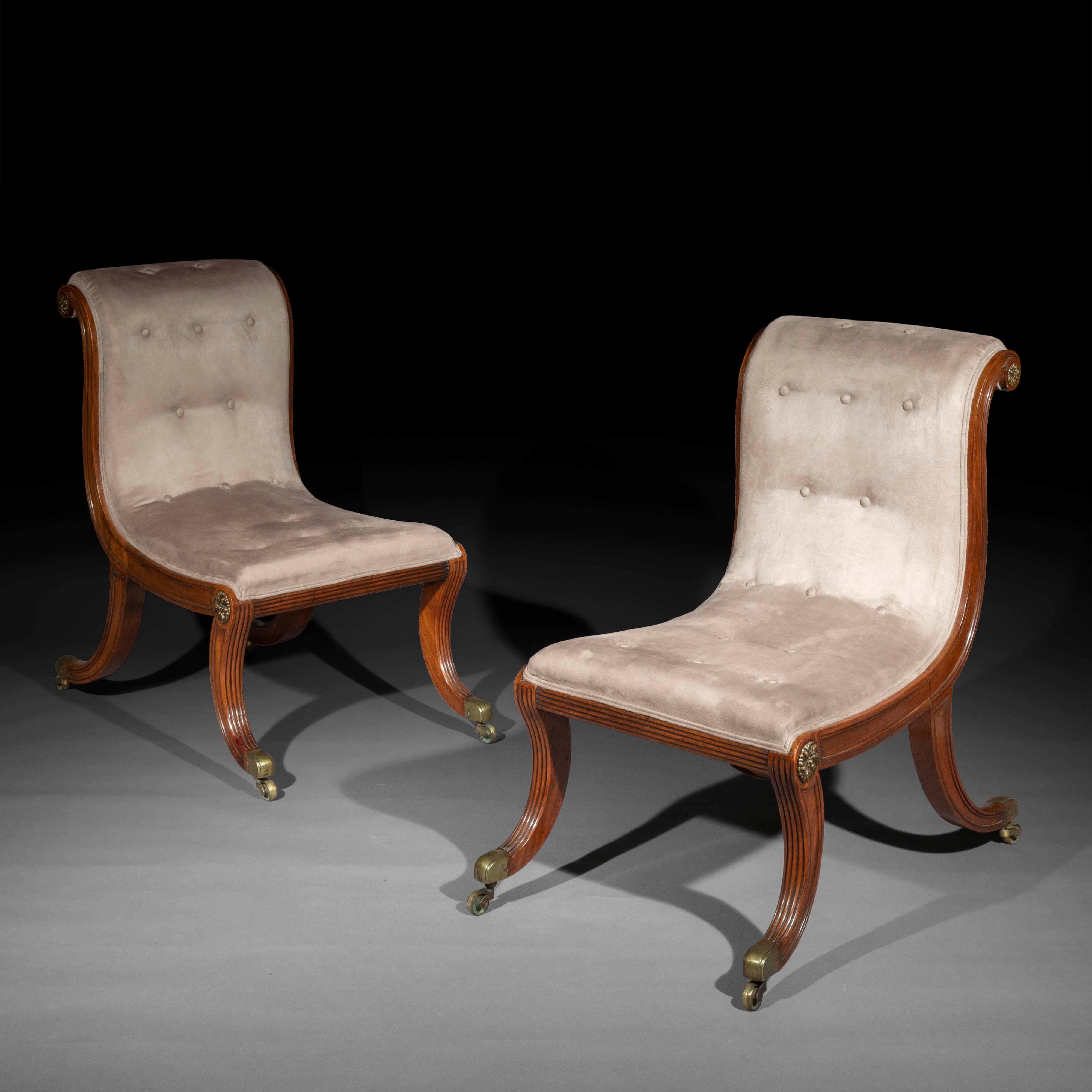 Carved Pair of Antique Regency Klismos Chairs, Designed by Thomas Hope