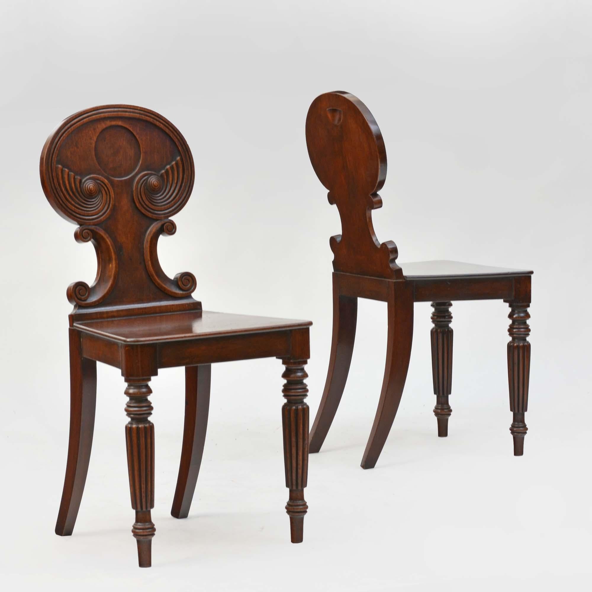 A pair of antique Regency mahogany hall chairs, the oval backs with gadrooned scroll carving terminating with domed paterae and supported by a pair of carved scrolls. The tapered boarded seats are supported by fluted turned and reverse sabre legs.