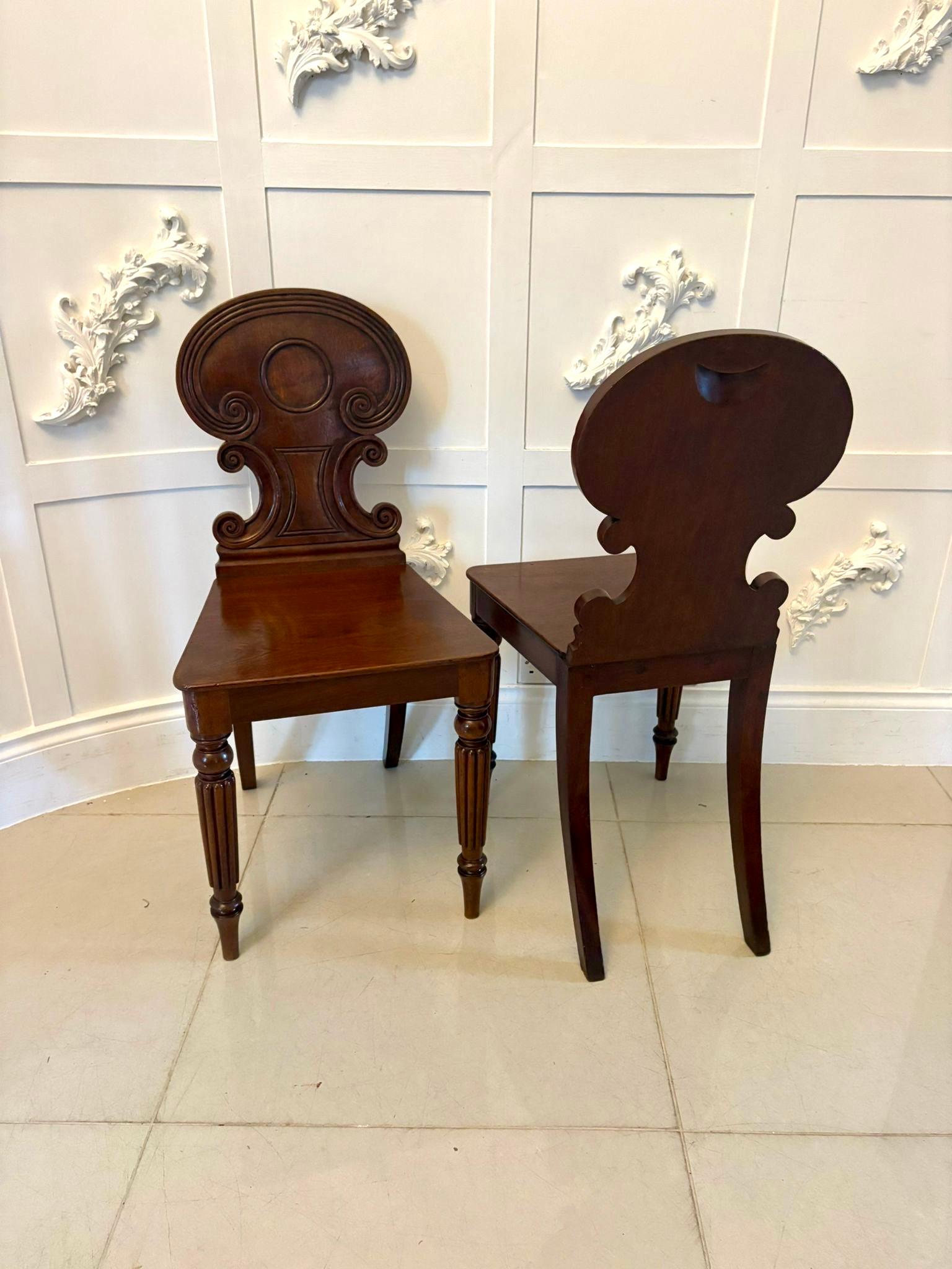 Paar antike Regency-Qualität geschnitzt Mahagoni Halle Stühle mit Qualität geschnitzt Mahagoni geformt zurück mit reeded geschnitzt Rollen, feste Mahagoni-Sitze stehen auf gedreht reeded spitz zulaufenden Beinen auf der Vorderseite und aus gefegt