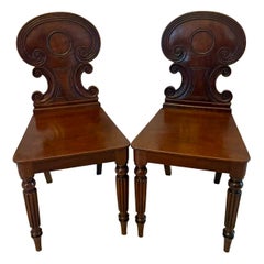 Pair of Antique Regency Quality Carved Figured Mahogany Hall Chairs