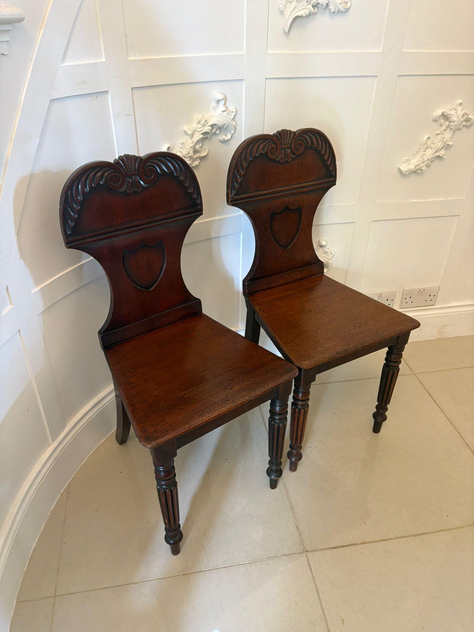 Pair of antique regency quality carved mahogany hall chairs having a quality carved mahogany shaped back, solid mahogany seats standing on elegant turned reeded tapering legs to the front and out swept back legs.

A charming pair in lovely condition
