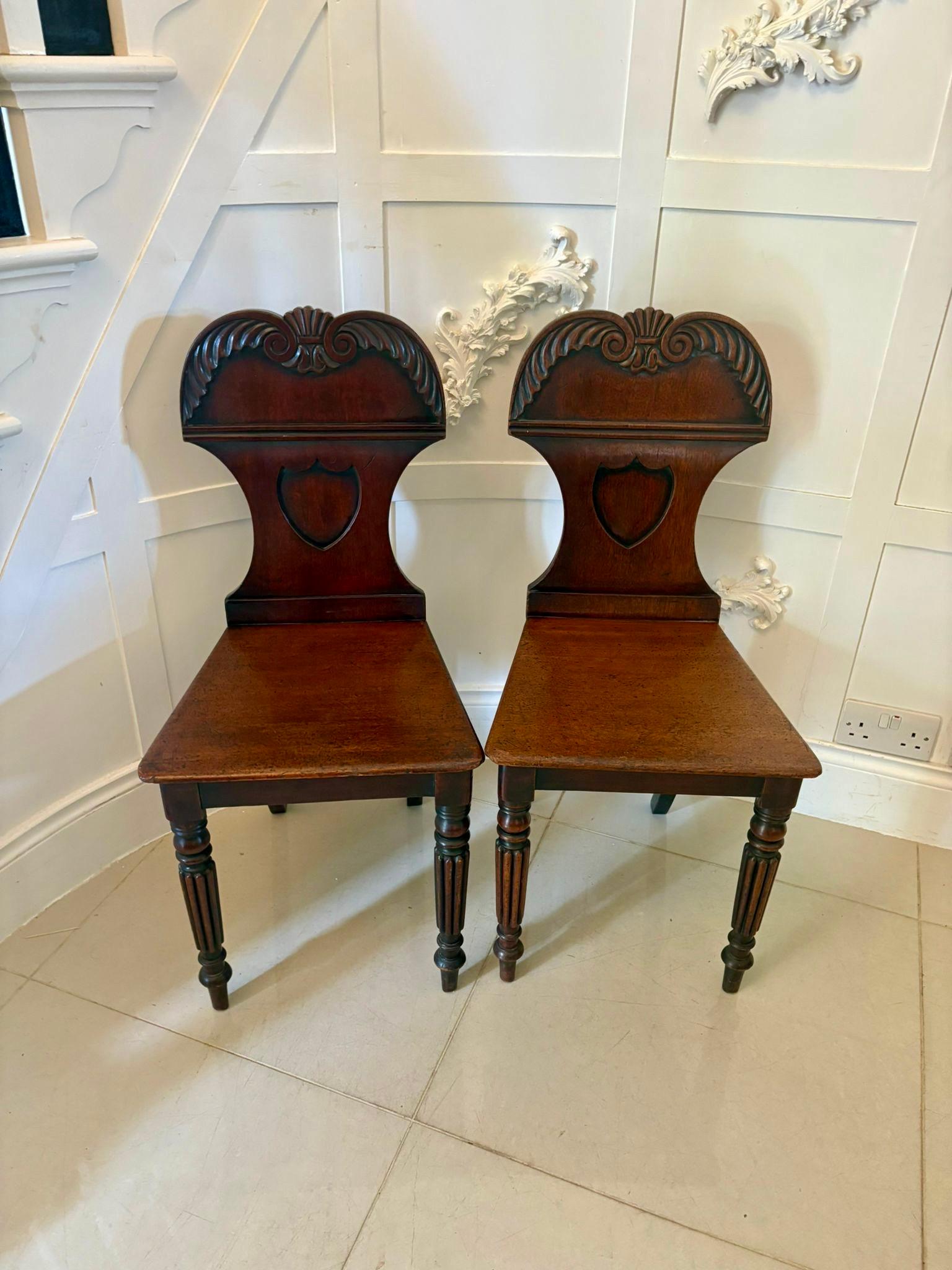 English Pair of Antique Regency Quality Carved Mahogany Hall Chairs For Sale