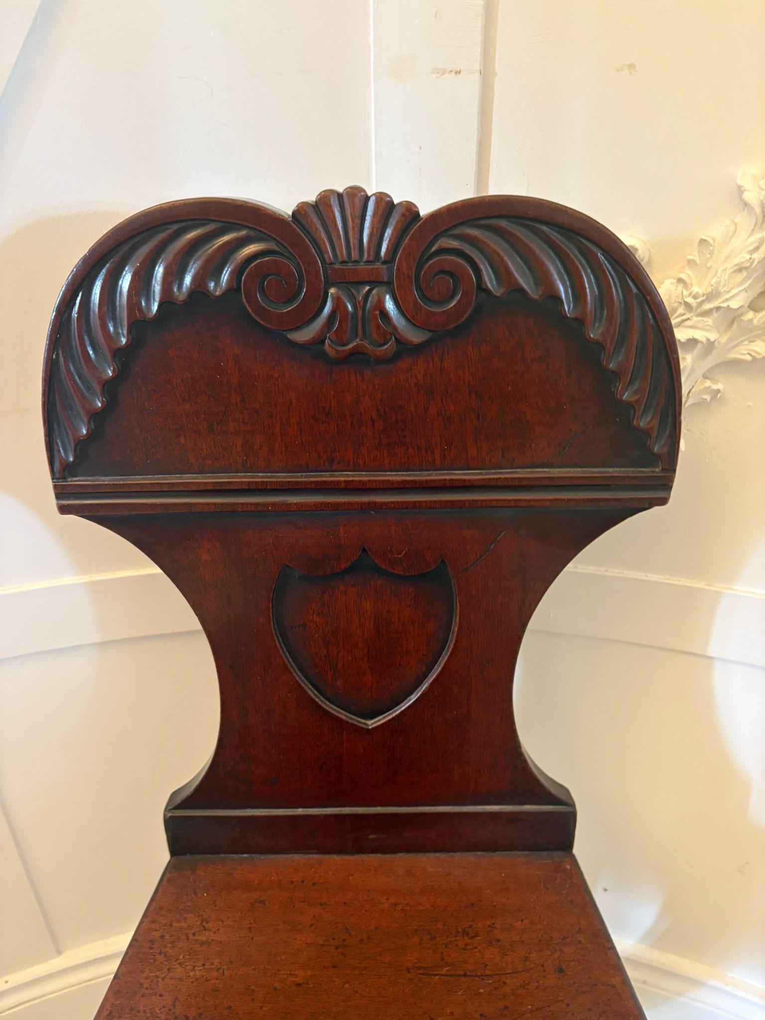 Pair of Antique Regency Quality Carved Mahogany Hall Chairs In Good Condition For Sale In Suffolk, GB