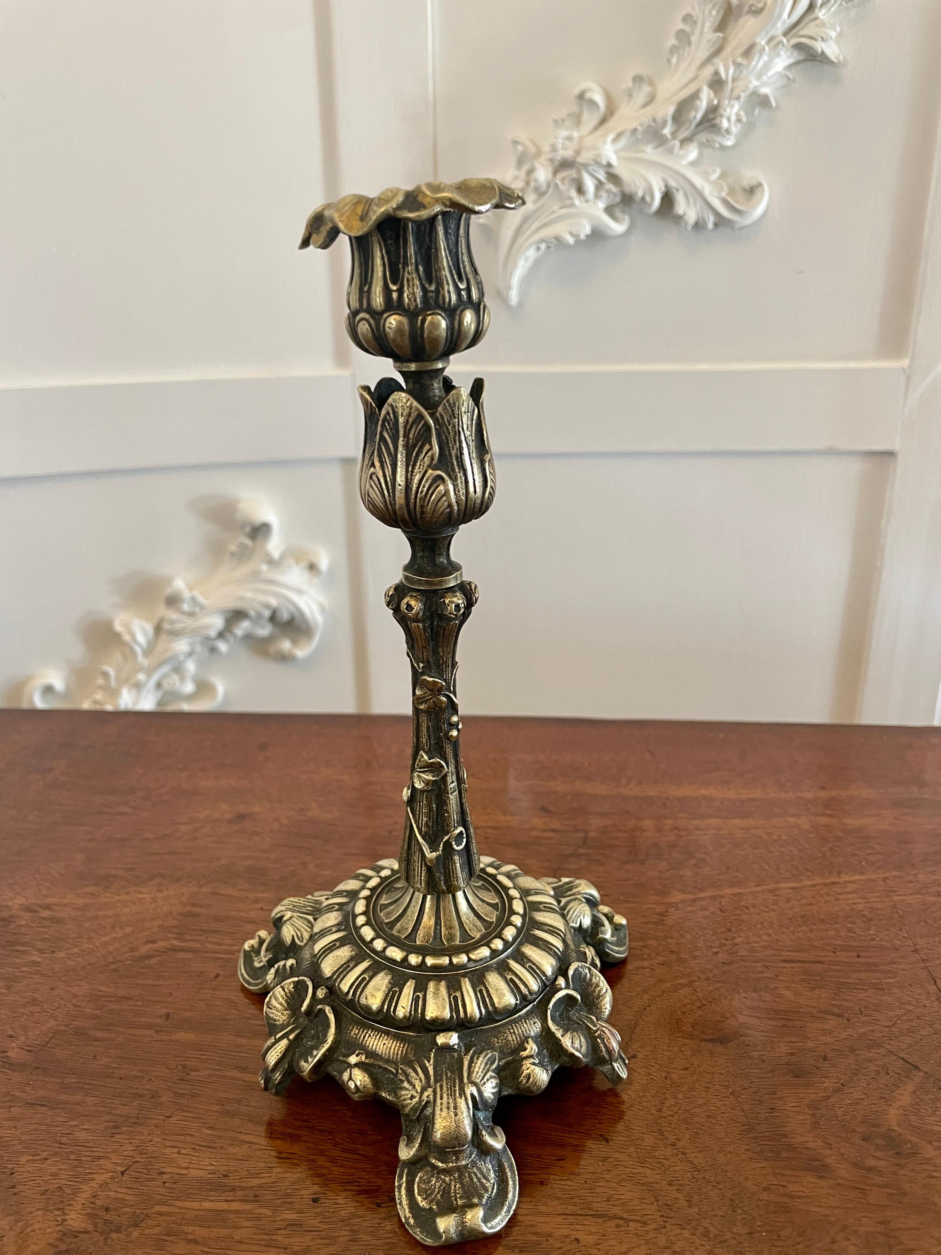 English Pair of Antique Regency Quality Ornate Brass Candlesticks For Sale