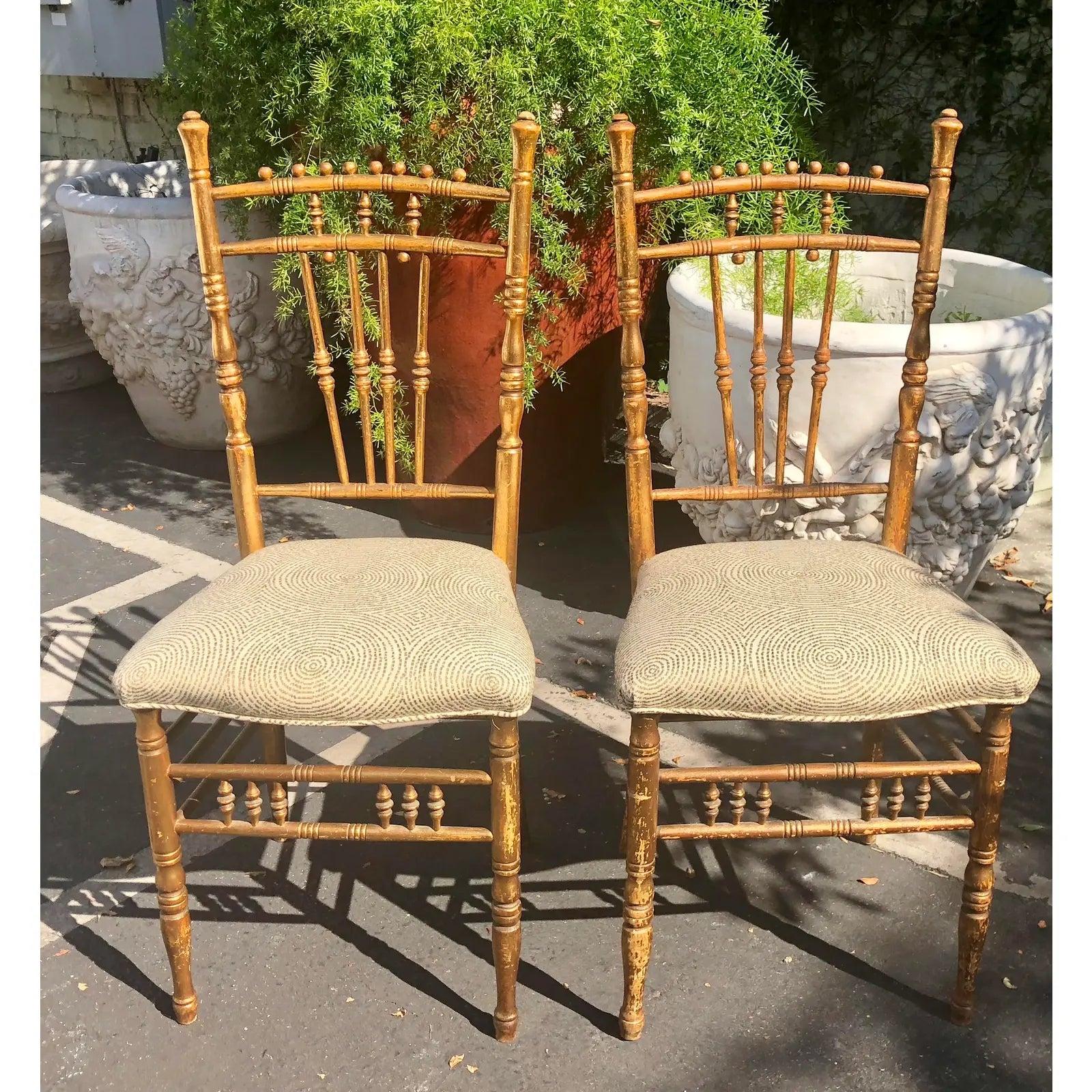 Pair of antique Regency style side chairs

Additional information:
Materials: Giltwood
Color: Gold
Period: Late 19th Century
Styles: Regency
Number of Seats: 2
Item Type: Vintage, Antique or Pre-owned
Dimensions: 17