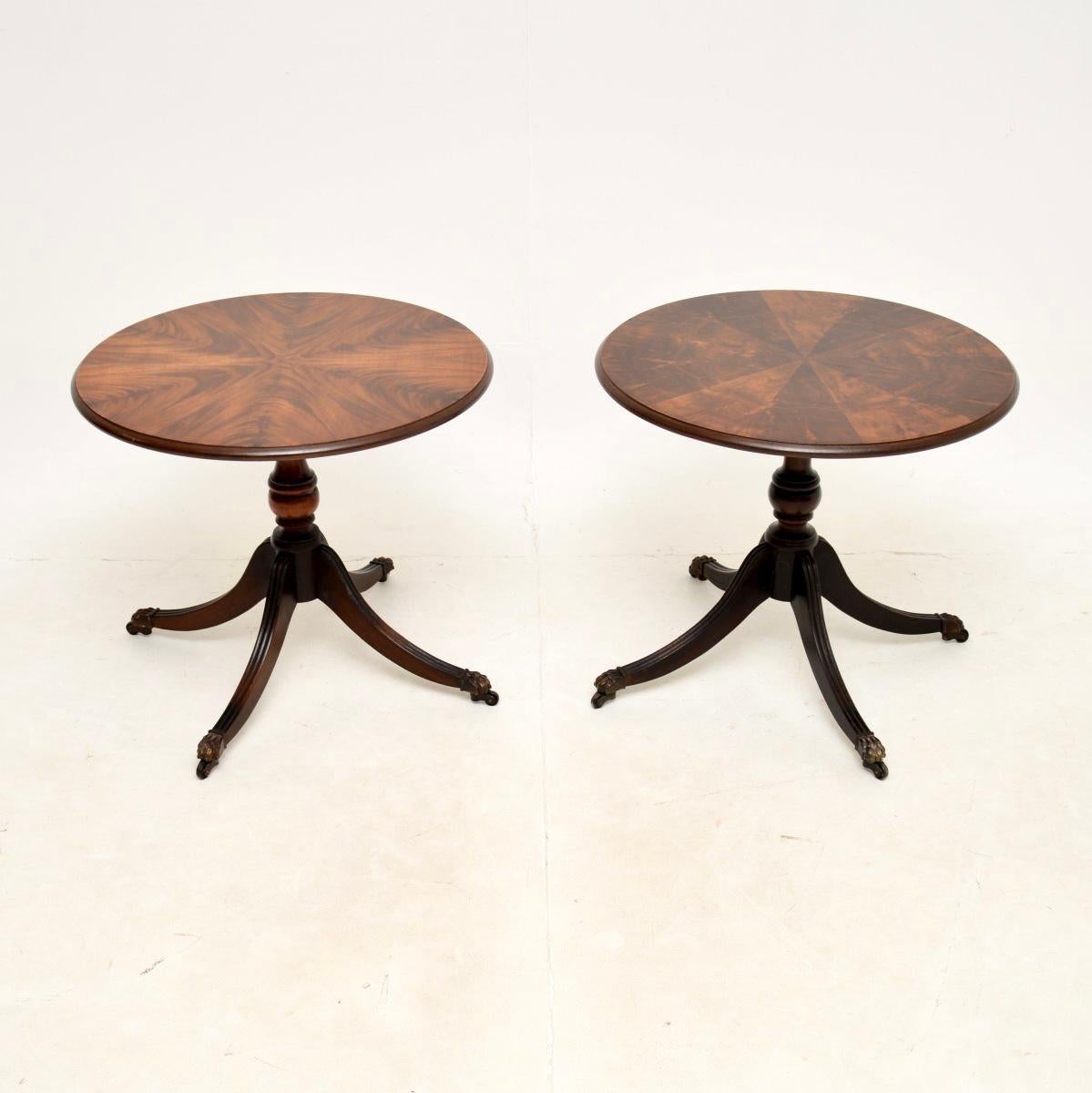 A beautiful pair of antique Regency style side tables. They were made in England, they date from around the 1950’s.

The quality is fantastic, they are a useful size and have a lovely design. The circular tops have gorgeous colours and grain
