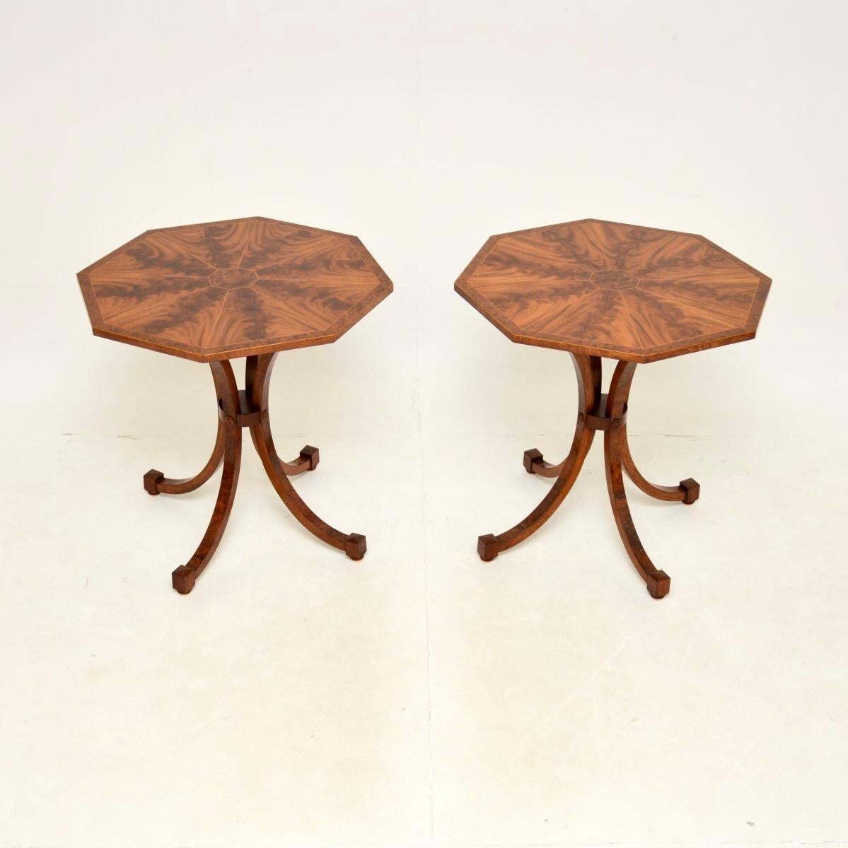 A stunning pair of antique Regency style amboyna side tables. They were made in England, they date from around the 1950’s.

They have a beautiful design, the octagonal shaped tops are segmented with incredibly beautiful grain patterns and inlaid