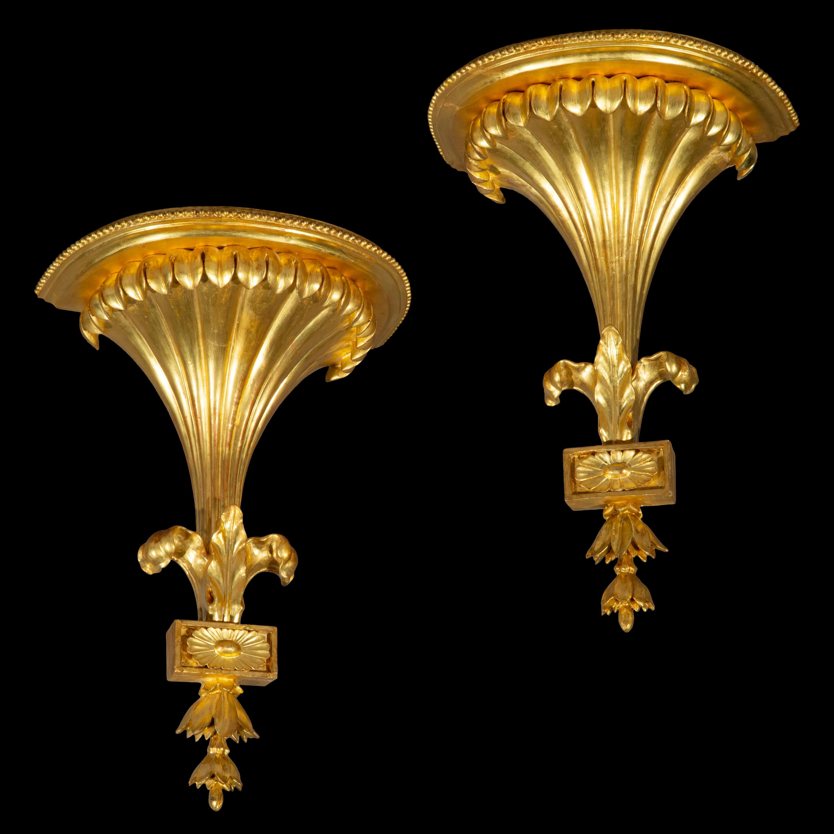 A very fine pair of neoclassical giltwood wall brackets.
English, 19th century.

Why we like them
Wonderfully sculptural, superbly decorative neoclassical design; a splendid accent in a classic or eclectic interior.
