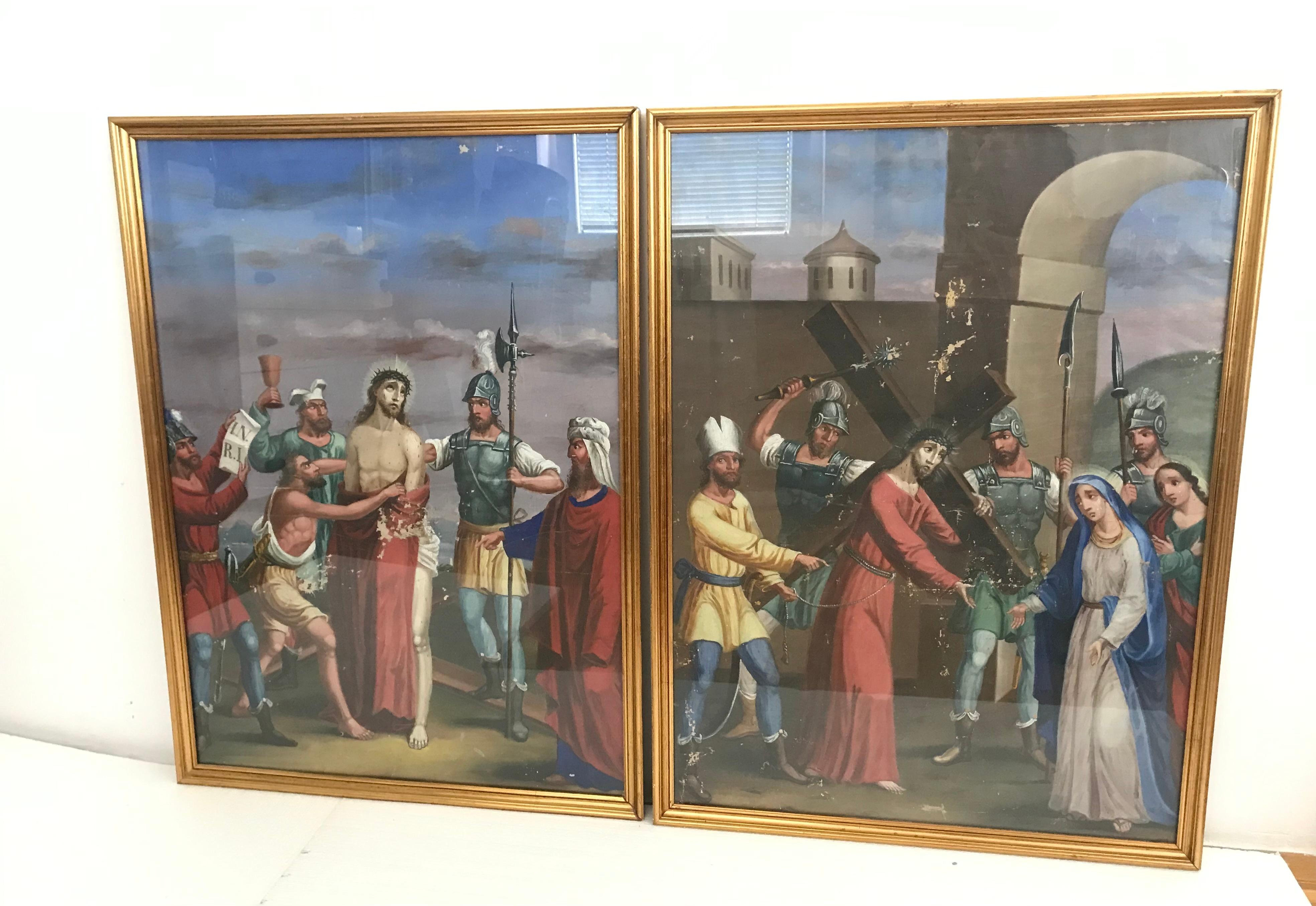 Paire de tableaux religieux d'art populaire Antque, huile sur toile, stations de Jésus. Quelques pertes de peinture. Le produit sera expédié sans le verre et le cadre.

