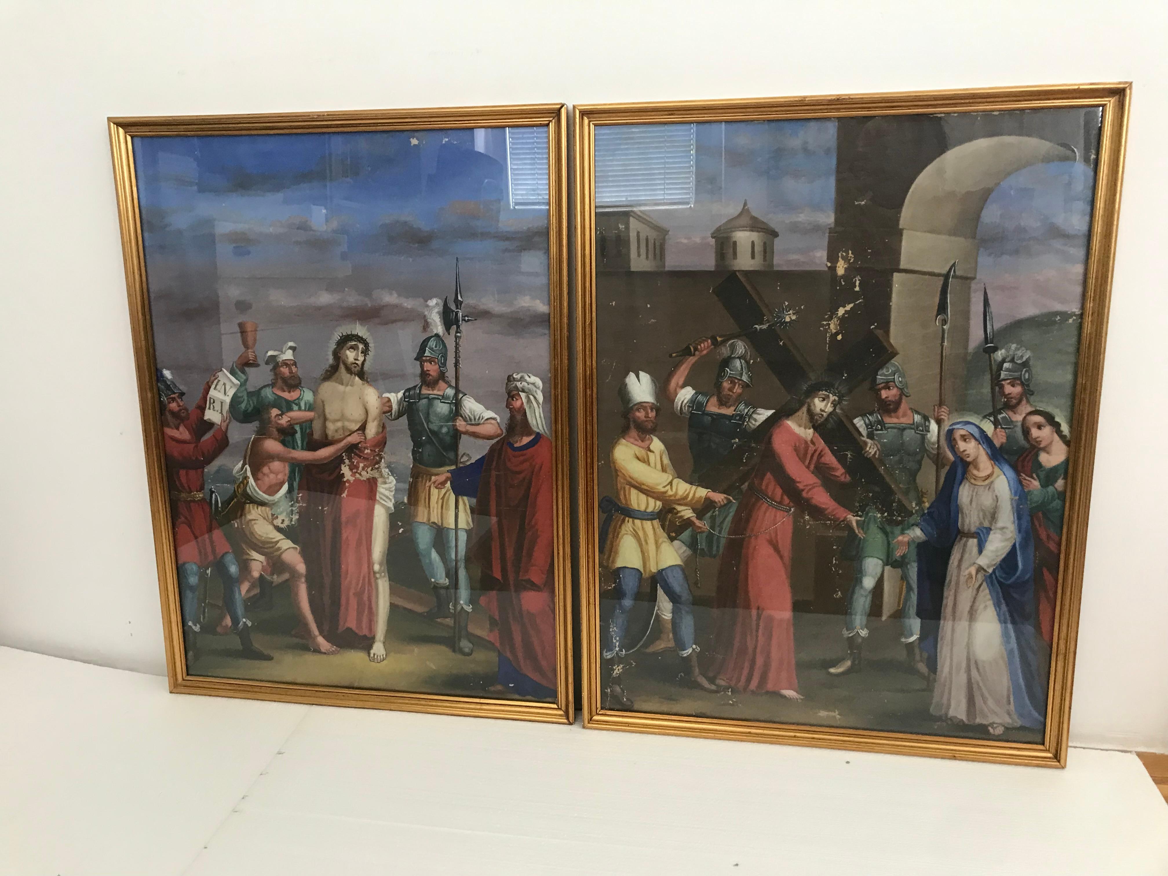 Artisanat Paire de tableaux anciens d'art populaire religieux - Stations de Jésus en vente