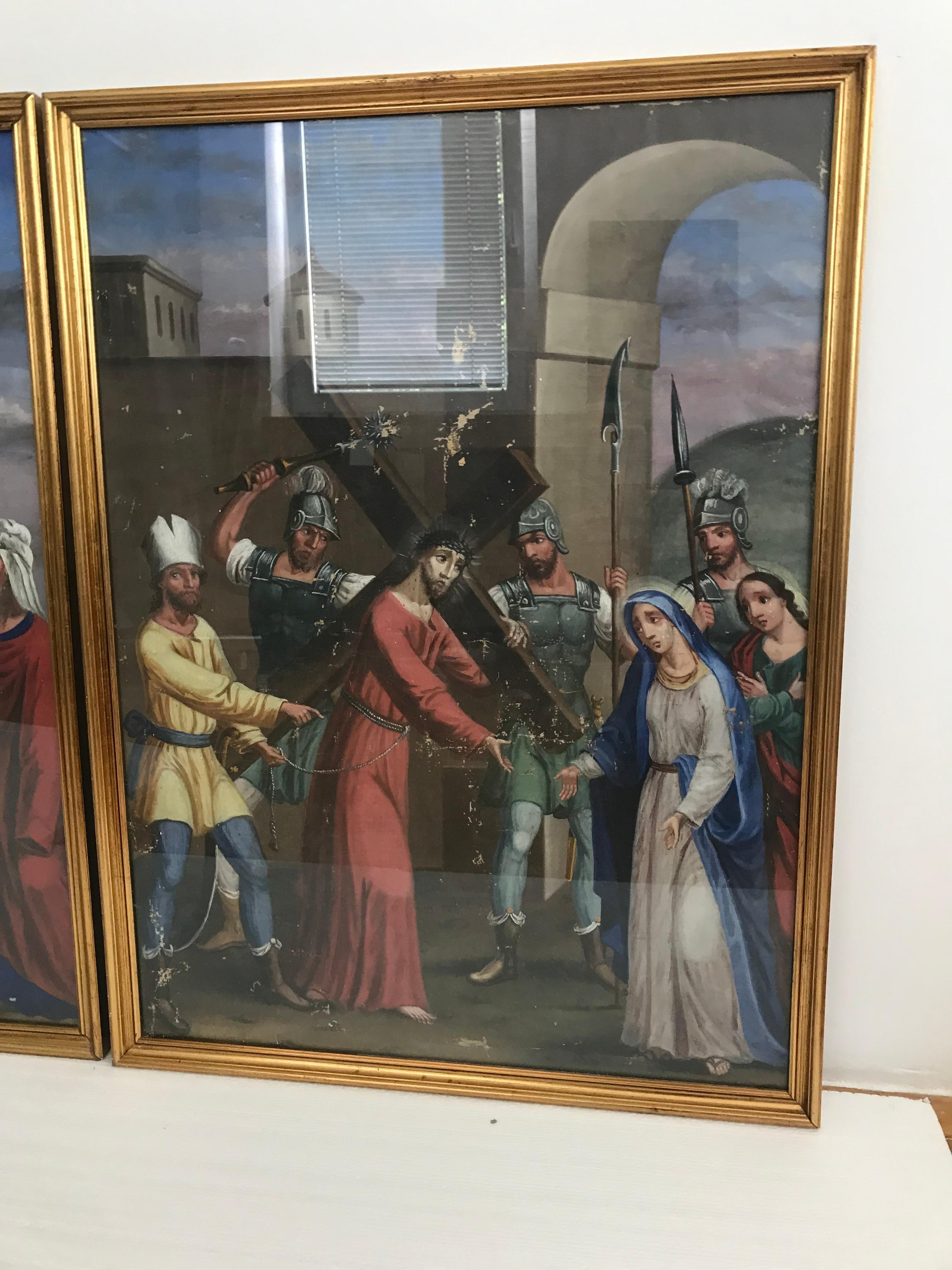 Autrichien Paire de tableaux anciens d'art populaire religieux - Stations de Jésus en vente
