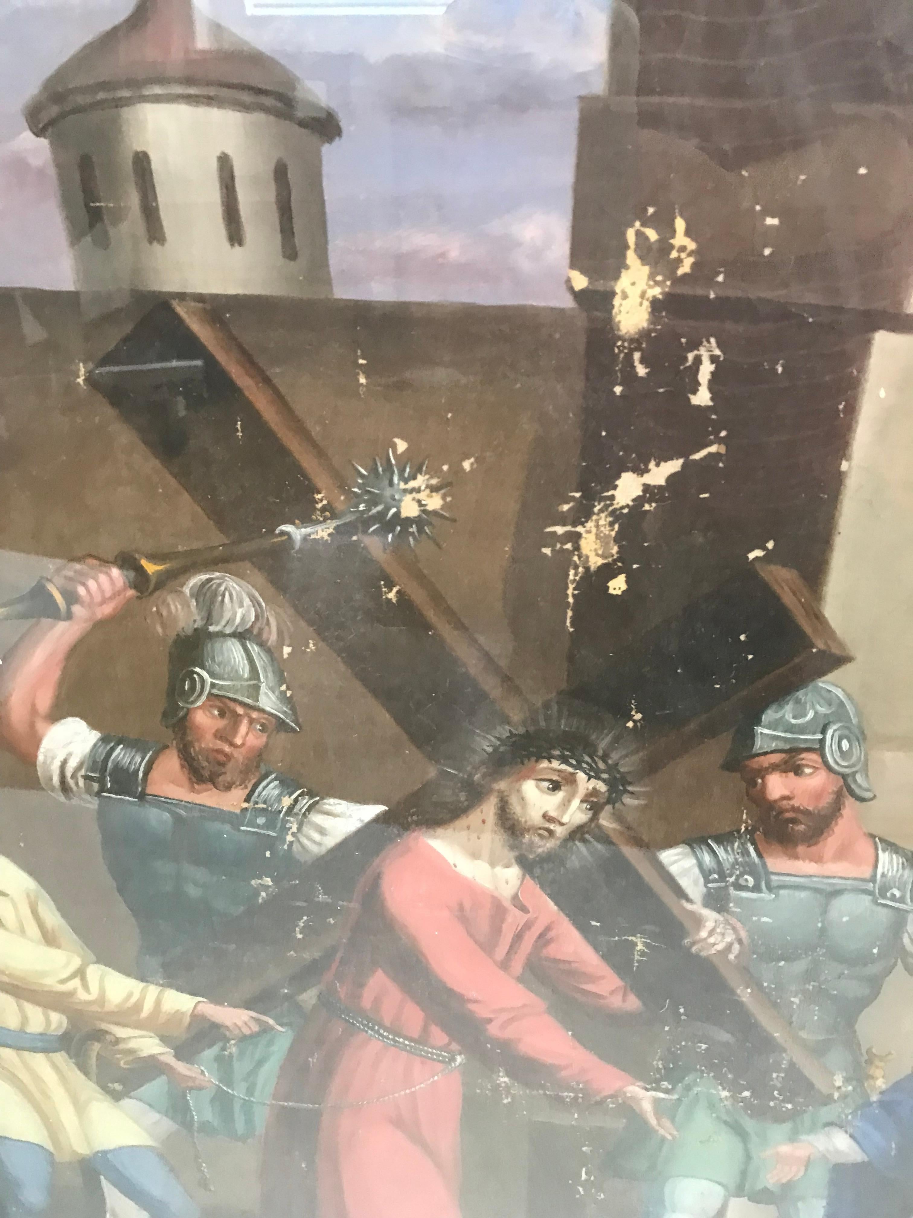 Paire de tableaux anciens d'art populaire religieux - Stations de Jésus Bon état - En vente à Boca Raton, FL