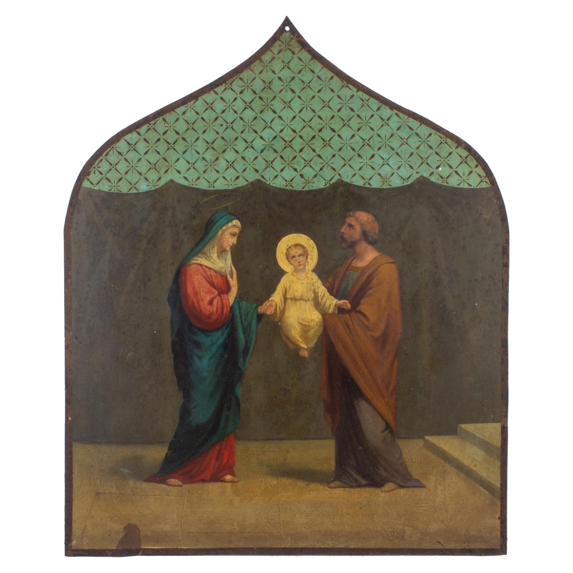 This is a pairing of antique religious paintings on metal found in France. The date is unknown, but likely late 19th century or older. The metal canvas is an inverted shield or badge shape with paint applied to one side. They are identical in size