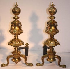 Pair of Antique Renaissance Revival Brass Andirons, Late 19th Century