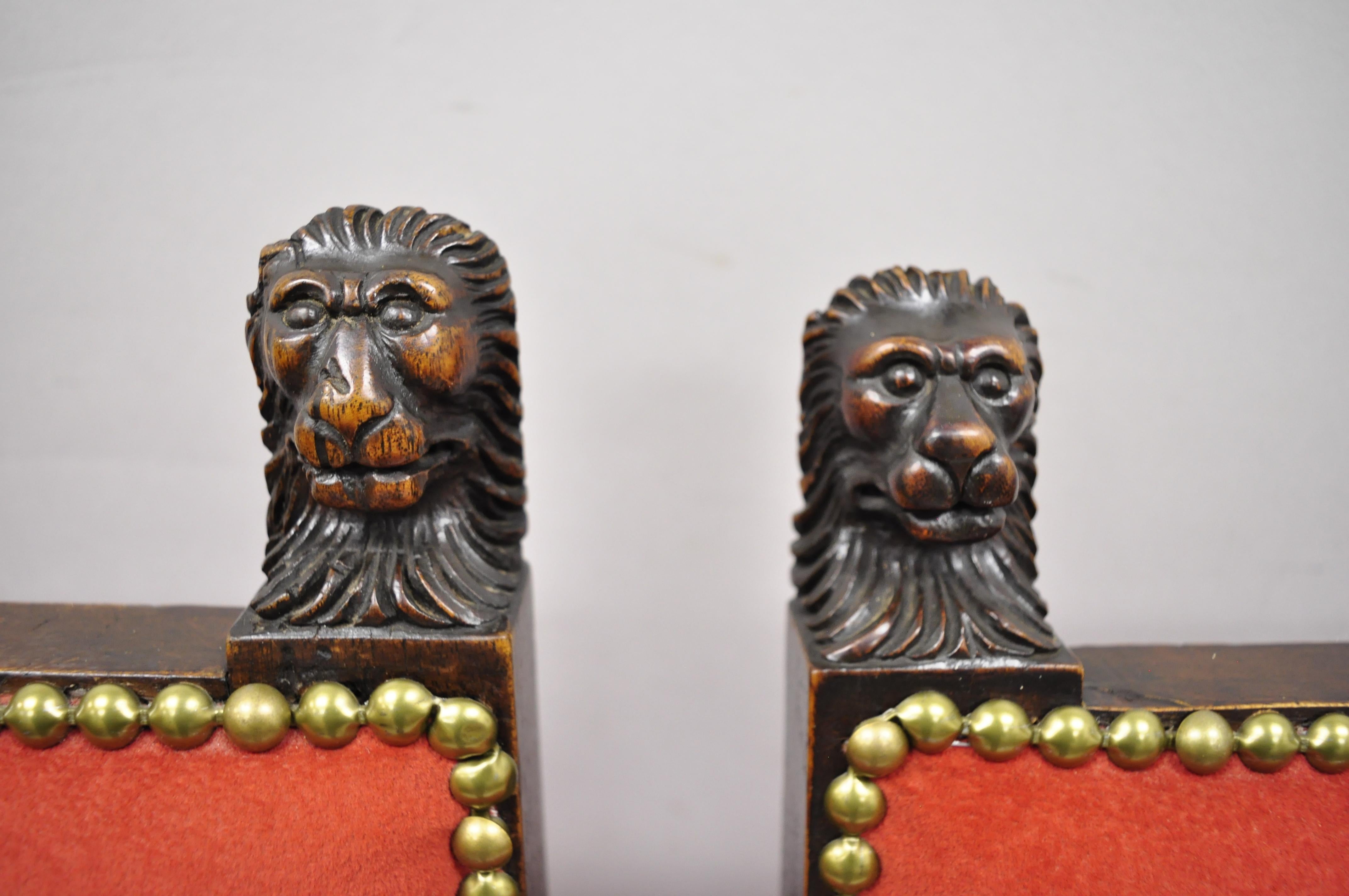 Pair of Antique Renaissance Revival Carved Walnut Figural Lion Head Side Chairs In Good Condition For Sale In Philadelphia, PA