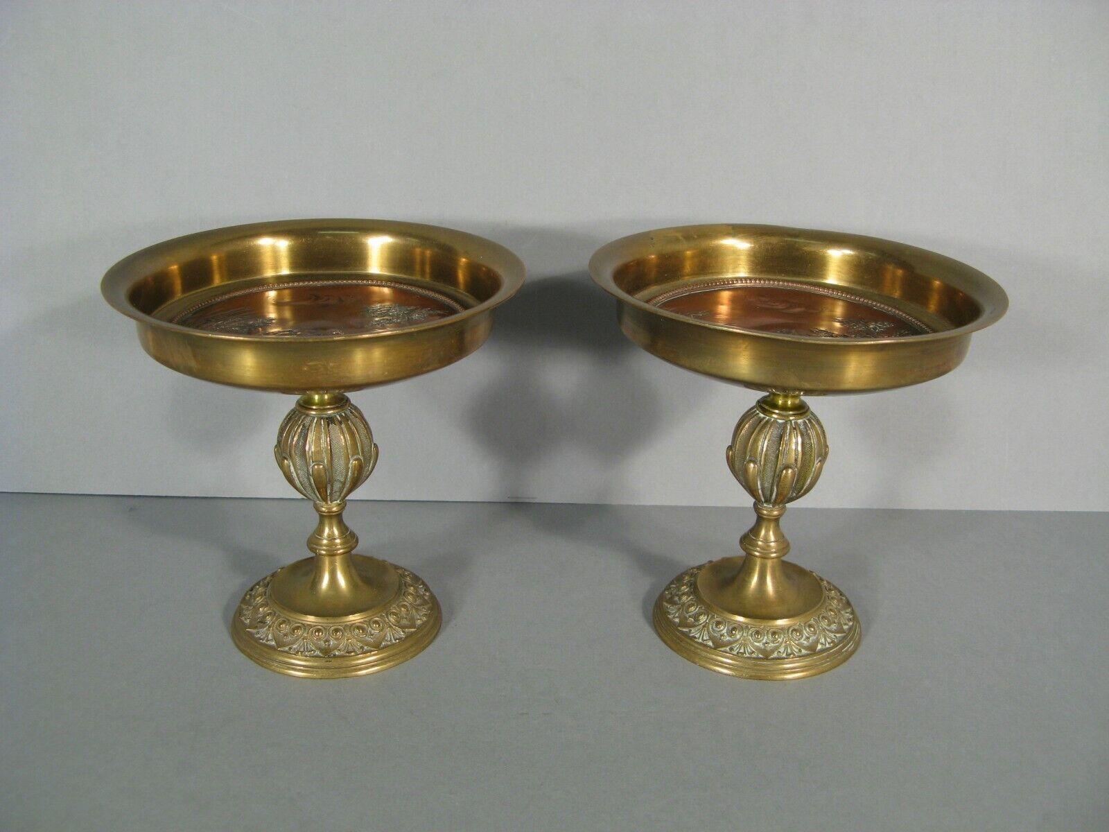 Elevate your home decor with this exquisite pair of antique bronze and brass trays, designed in the Renaissance style. Each tray features copper medallions adorned with intricate motifs of partridges and pheasants, showcasing a charming bird hunting