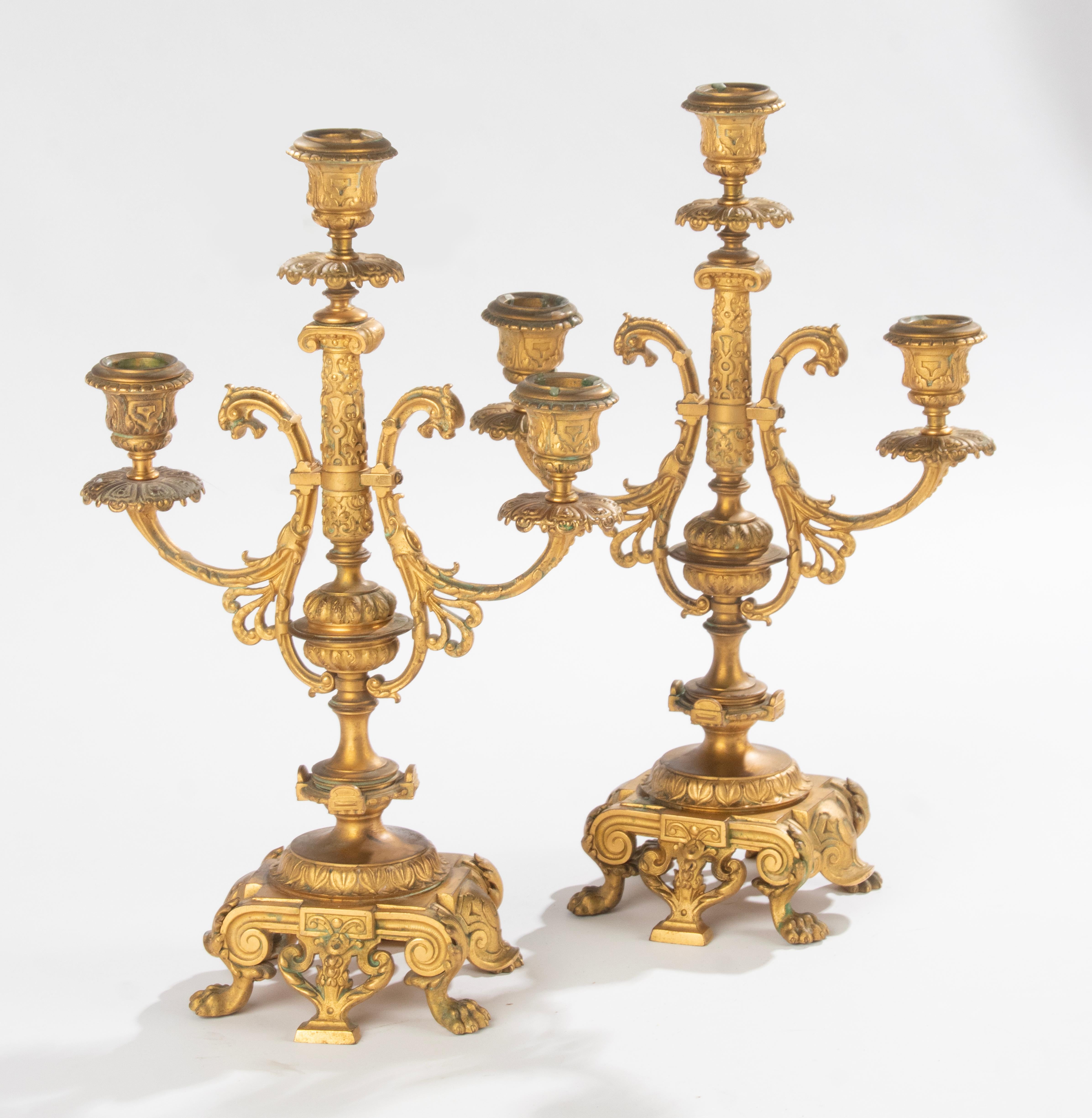 Pair of Antique Renaissance Style Ormolu Gilt Bronze Candelabras  For Sale 5