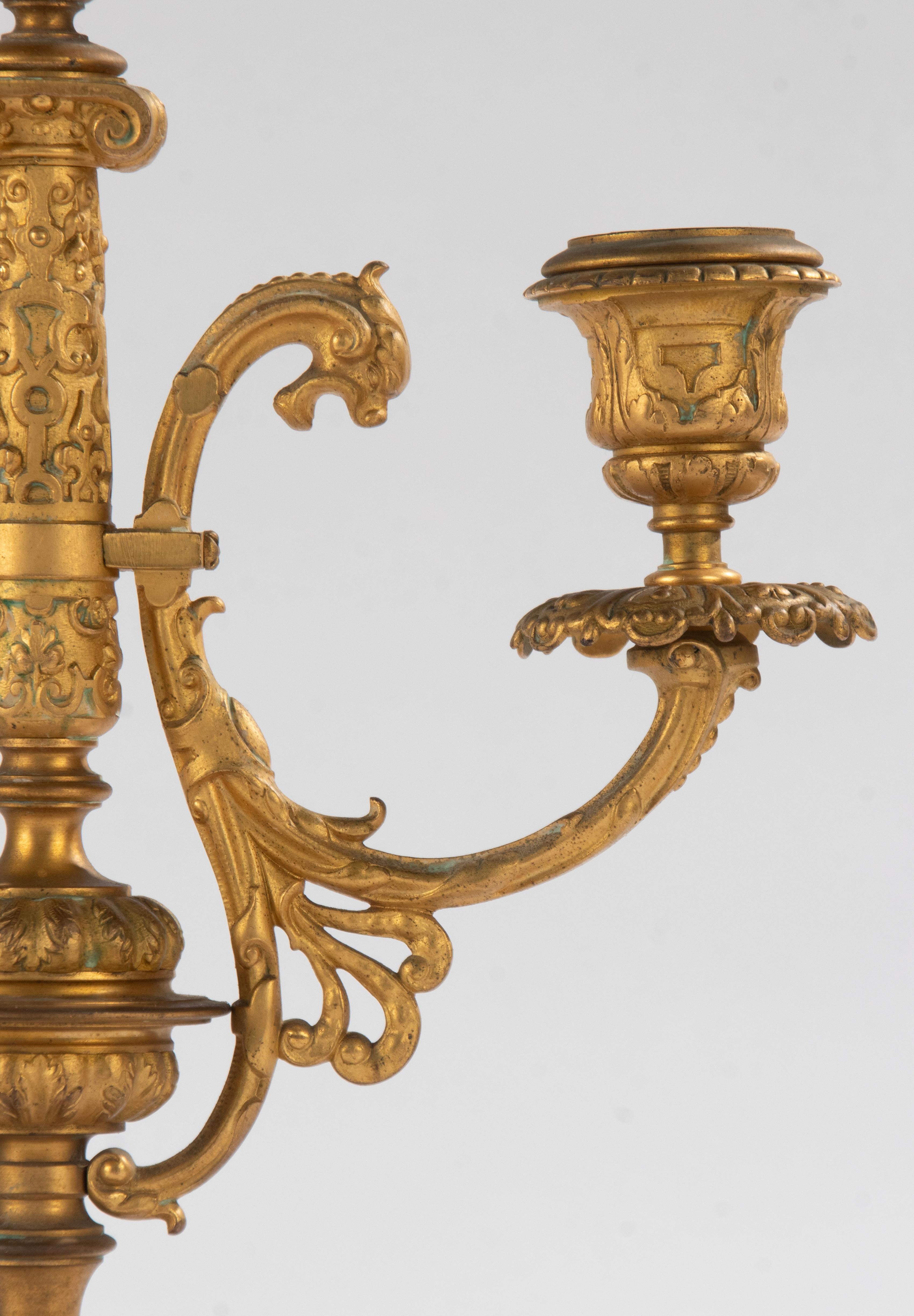 Pair of Antique Renaissance Style Ormolu Gilt Bronze Candelabras  For Sale 6