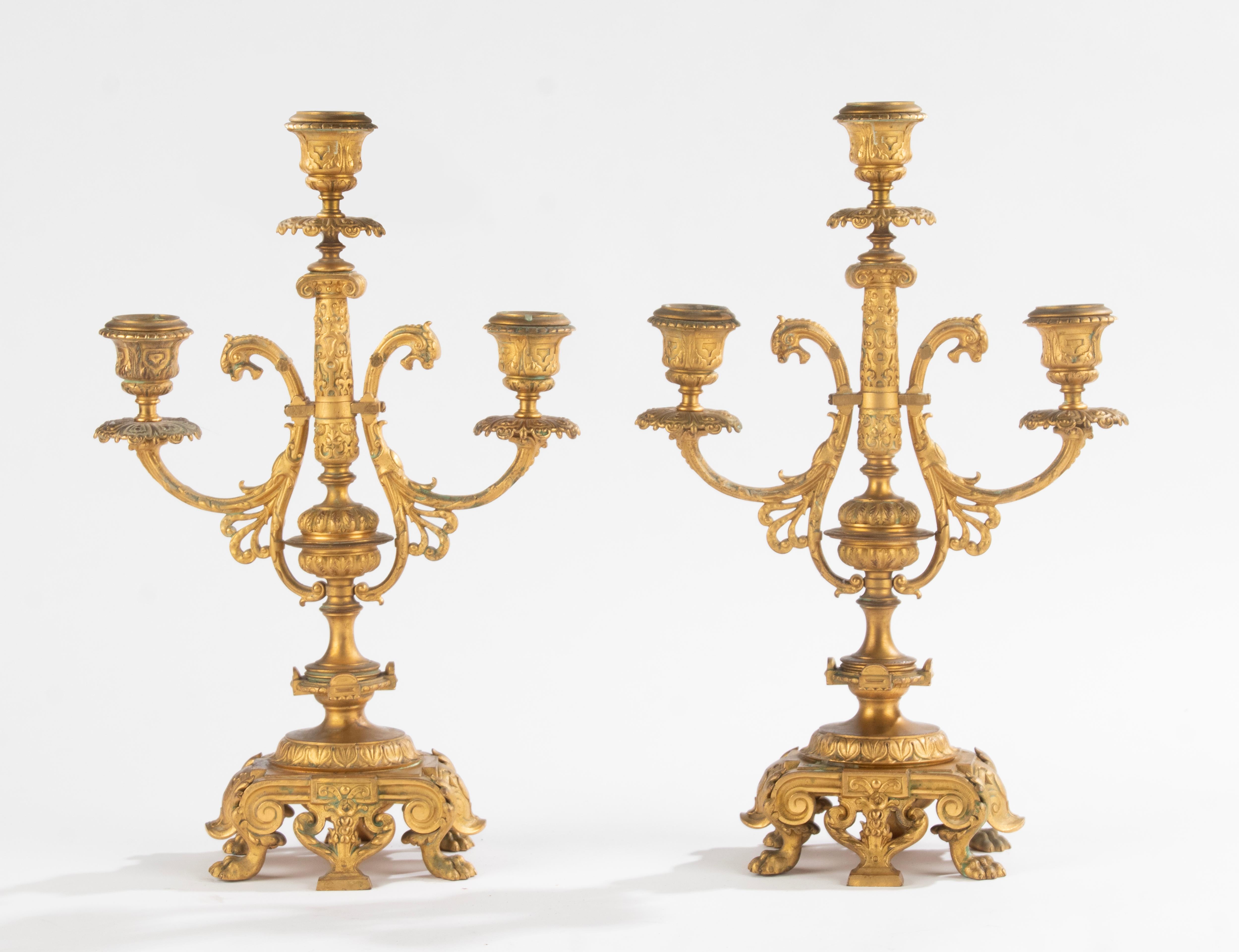 French Pair of Antique Renaissance Style Ormolu Gilt Bronze Candelabras  For Sale
