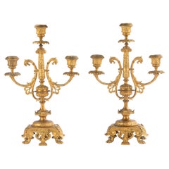 Pair of Antique Renaissance Style Ormolu Gilt Bronze Candelabras