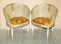 PAIR OF ANTiQUE RESTORED CHESTERFIELD LEATHER FRENCH CIR 1880 BERGERE ARMCHAIRS