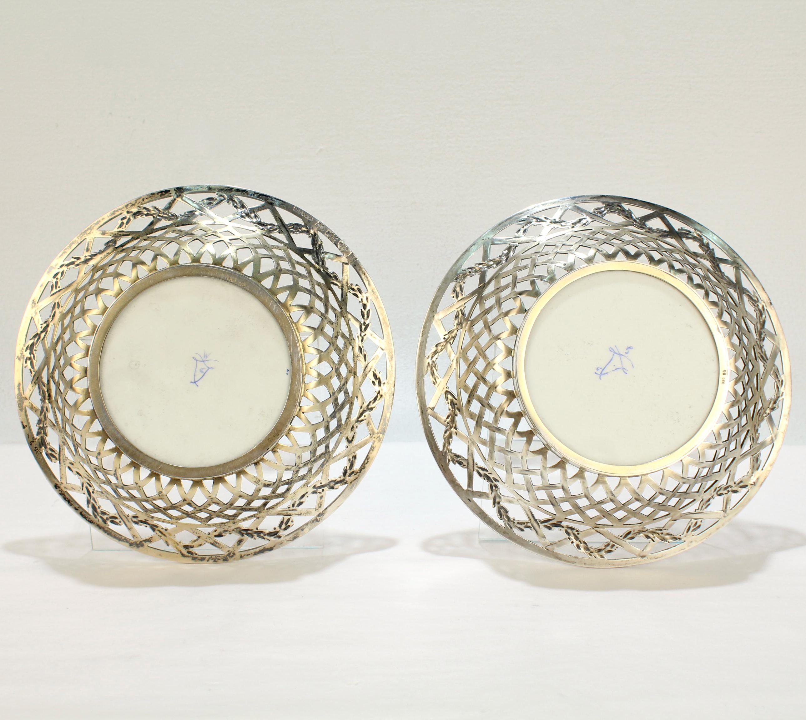 Pair of Antique Reticulated Sterling Silver Bowls with Sevres Porcelain Plaques For Sale 5