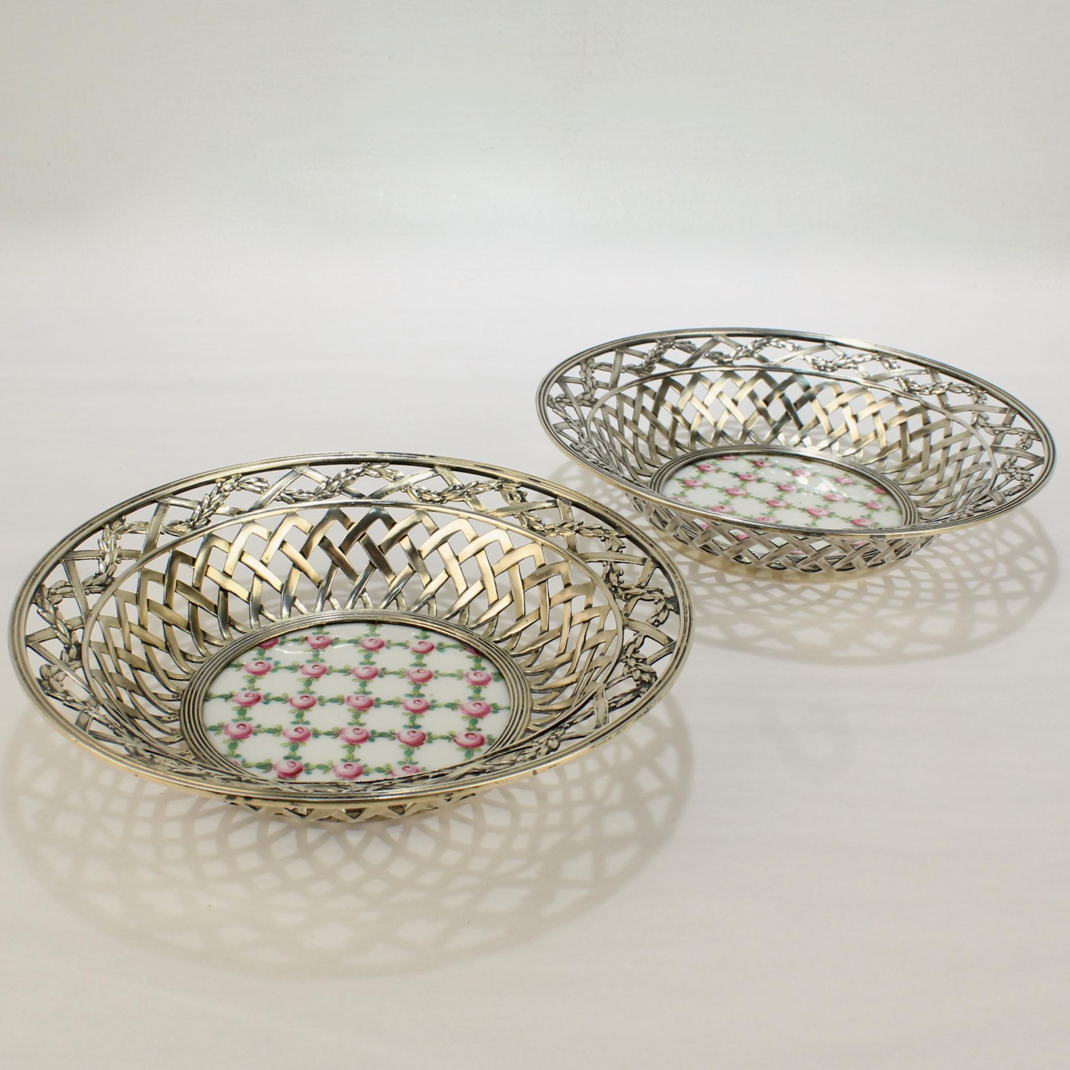 Belle Époque Pair of Antique Reticulated Sterling Silver Bowls with Sevres Porcelain Plaques For Sale