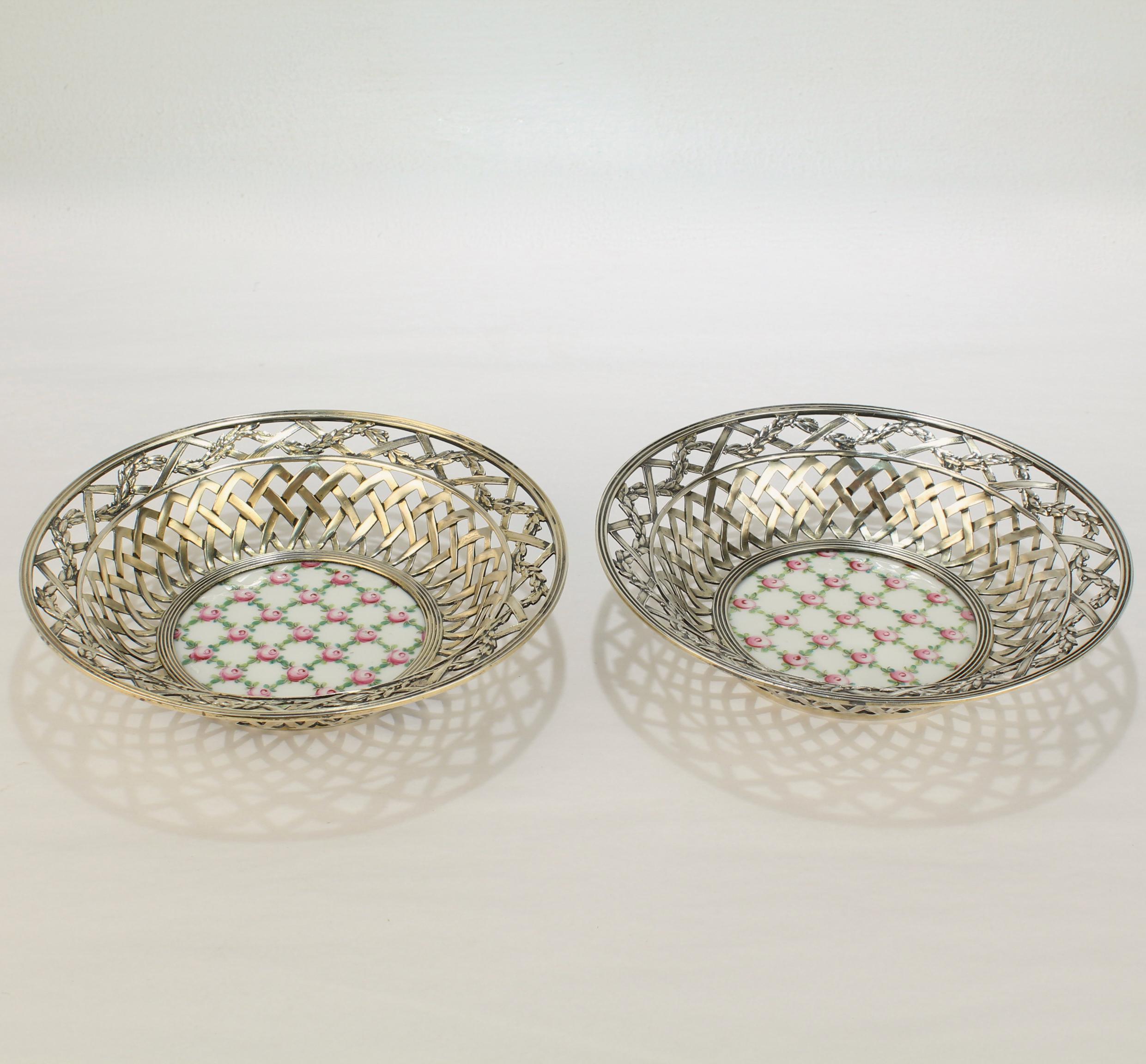Pair of Antique Reticulated Sterling Silver Bowls with Sevres Porcelain Plaques For Sale 1