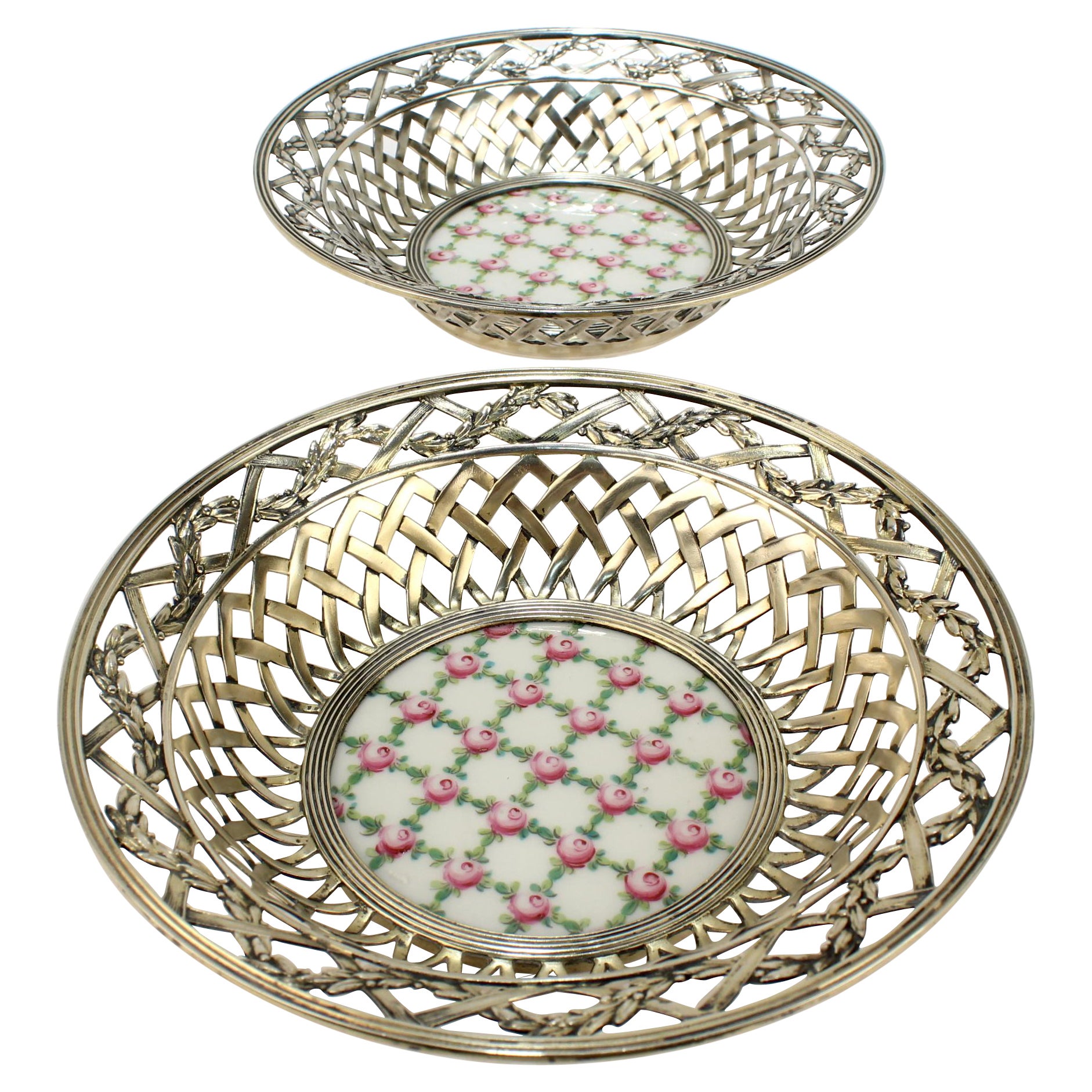 Pair of Antique Reticulated Sterling Silver Bowls with Sevres Porcelain Plaques