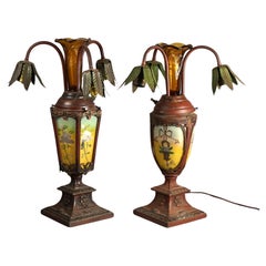 Pair of Antique Reverse Painted Bronzed Metal Epergne Lamps with Floral Elements