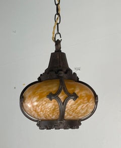 Pair of Antique Revival Hanging Pendant Lights with Marbled Glass Shades