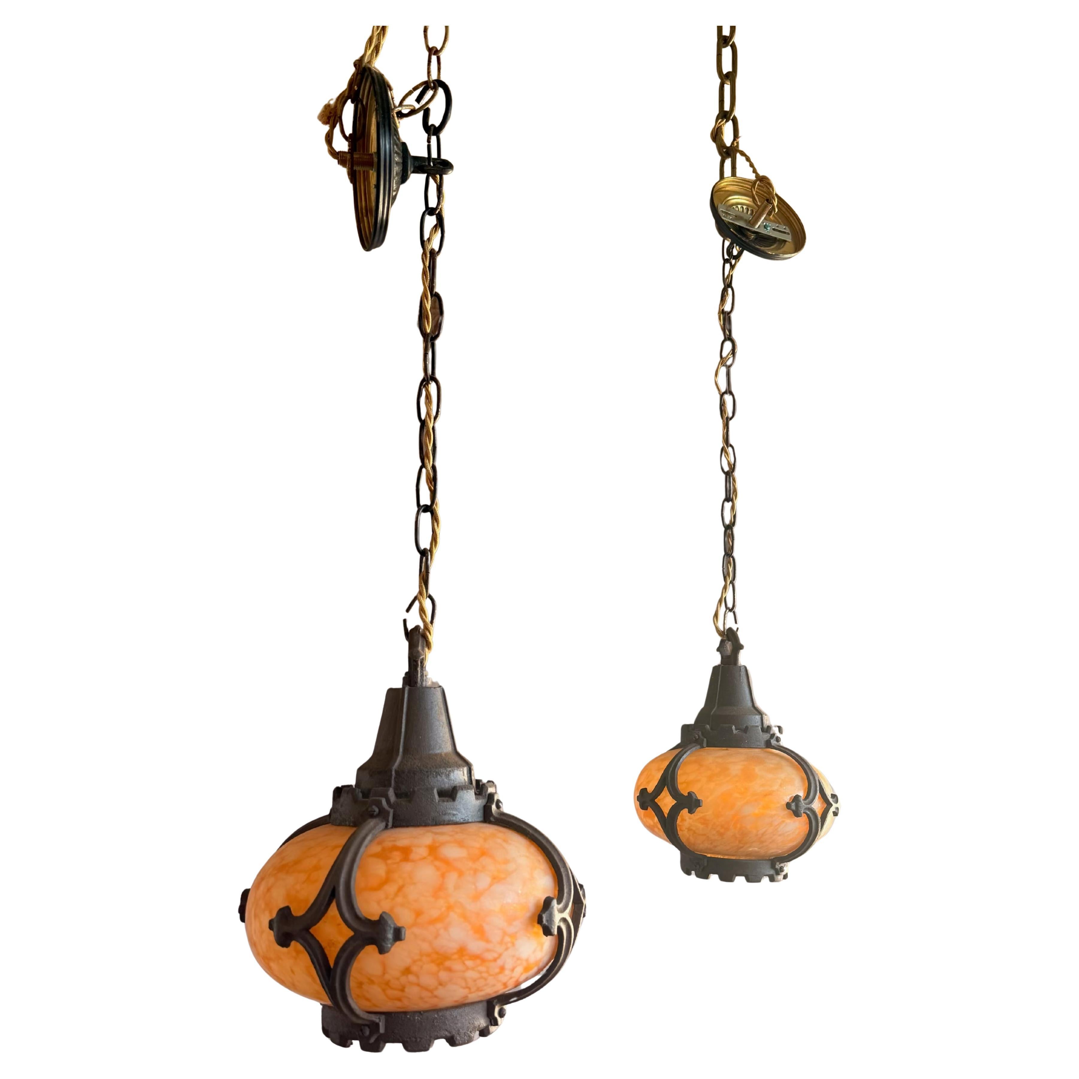 Pair of Antique Revival Hanging Pendant Lights with Marbled Glass Shades For Sale