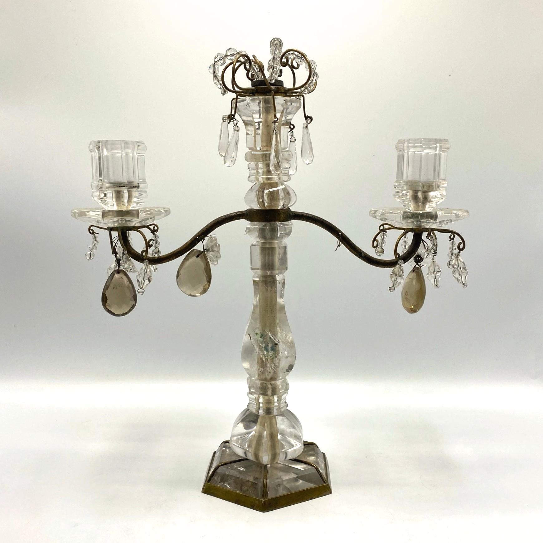 Pair of Antique Rock Crystal and Bronze Two-Light Candelabras 3