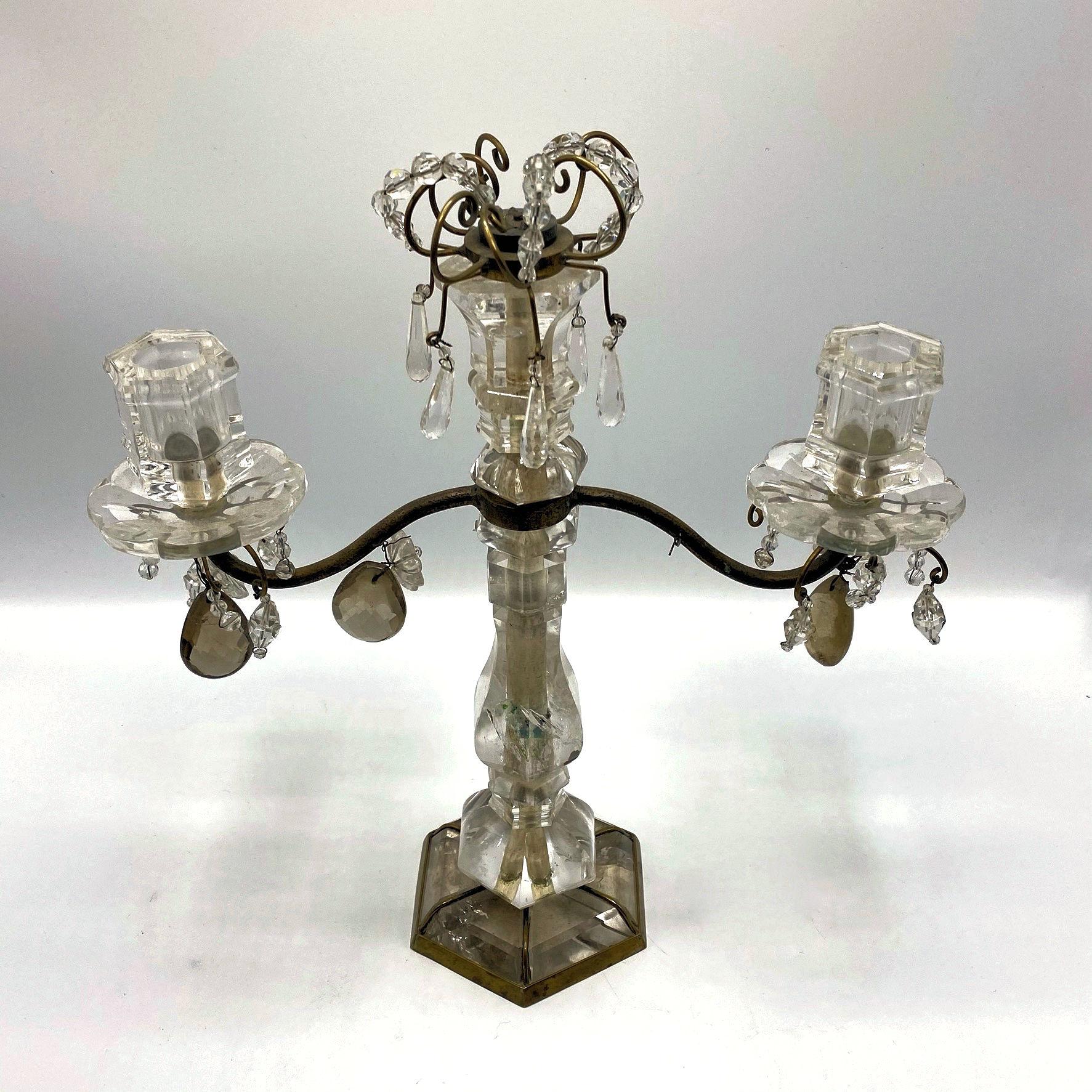 Pair of Antique Rock Crystal and Bronze Two-Light Candelabras 4