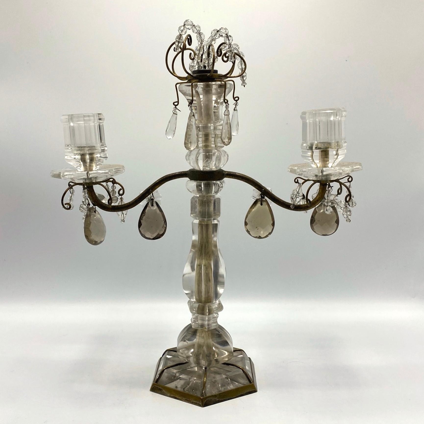 Pair of Antique Rock Crystal and Bronze Two-Light Candelabras 10