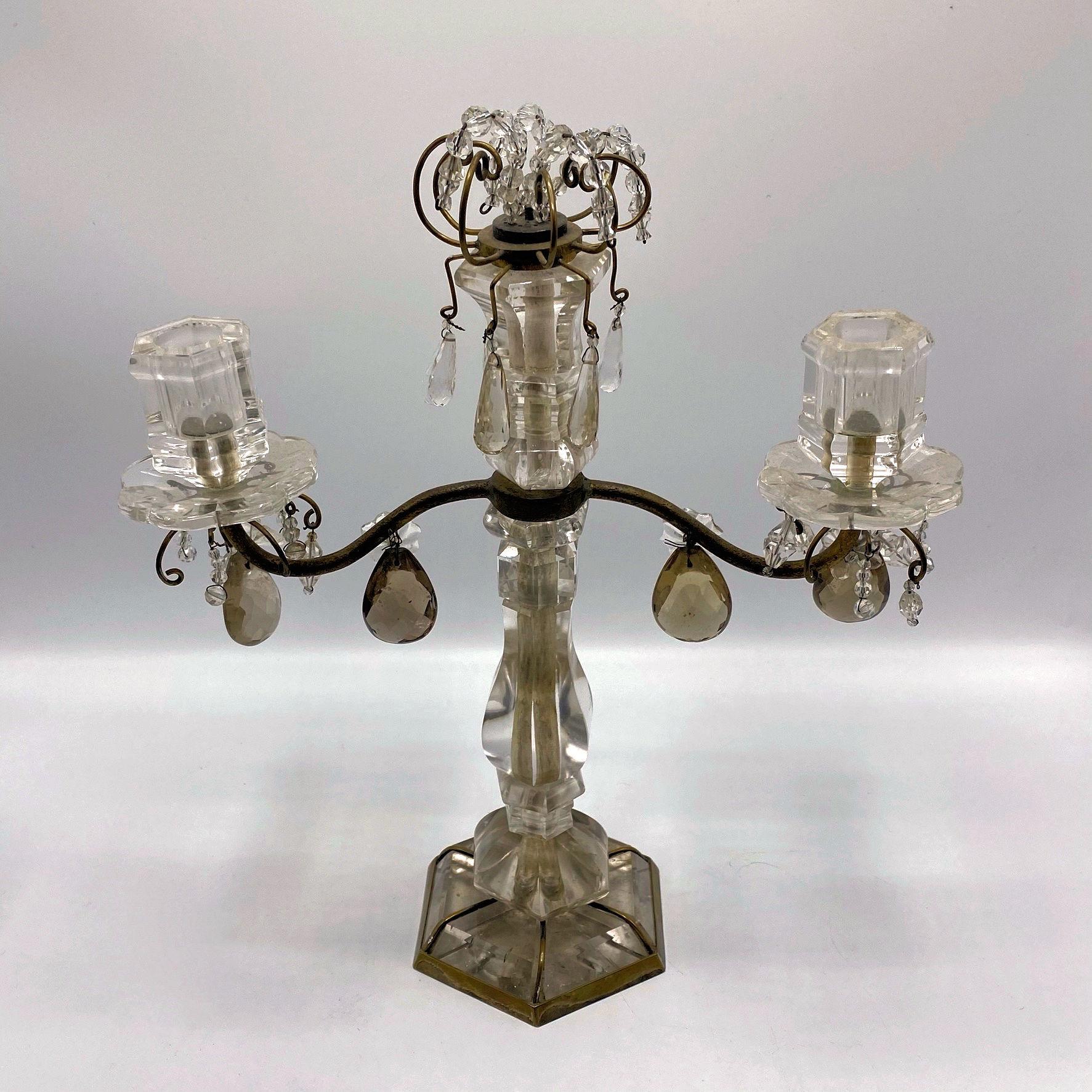 Pair of Antique Rock Crystal and Bronze Two-Light Candelabras 11
