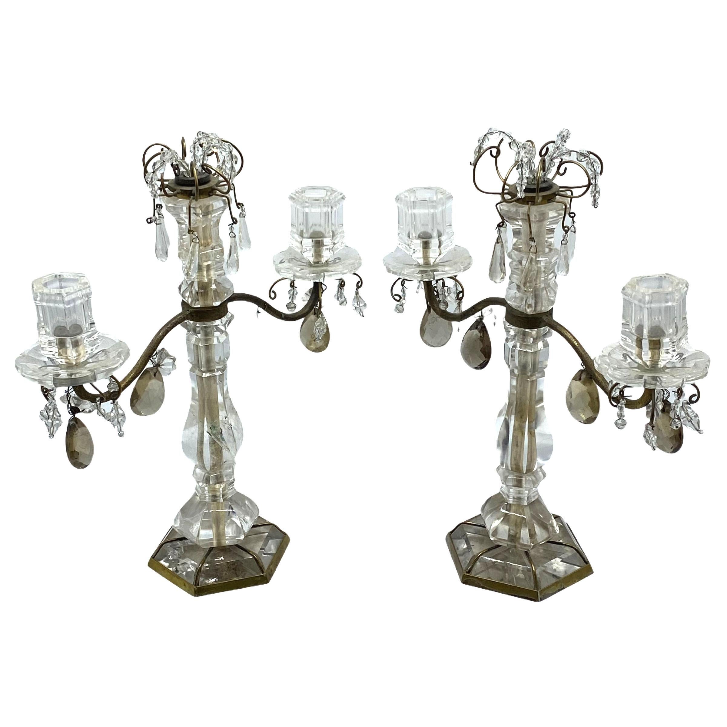 Belle Époque Pair of Antique Rock Crystal and Bronze Two-Light Candelabras
