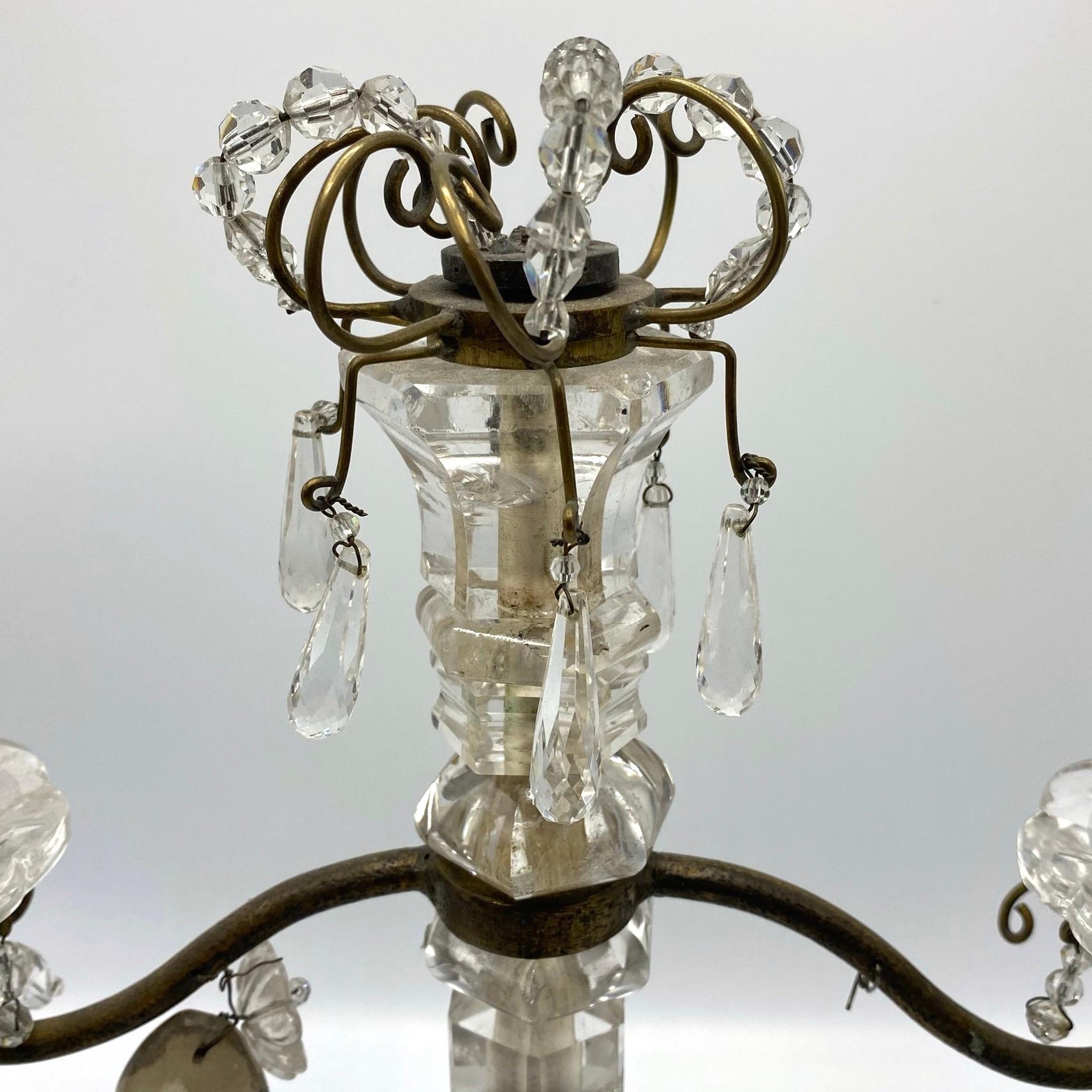 Pair of Antique Rock Crystal and Bronze Two-Light Candelabras In Good Condition In New York, NY