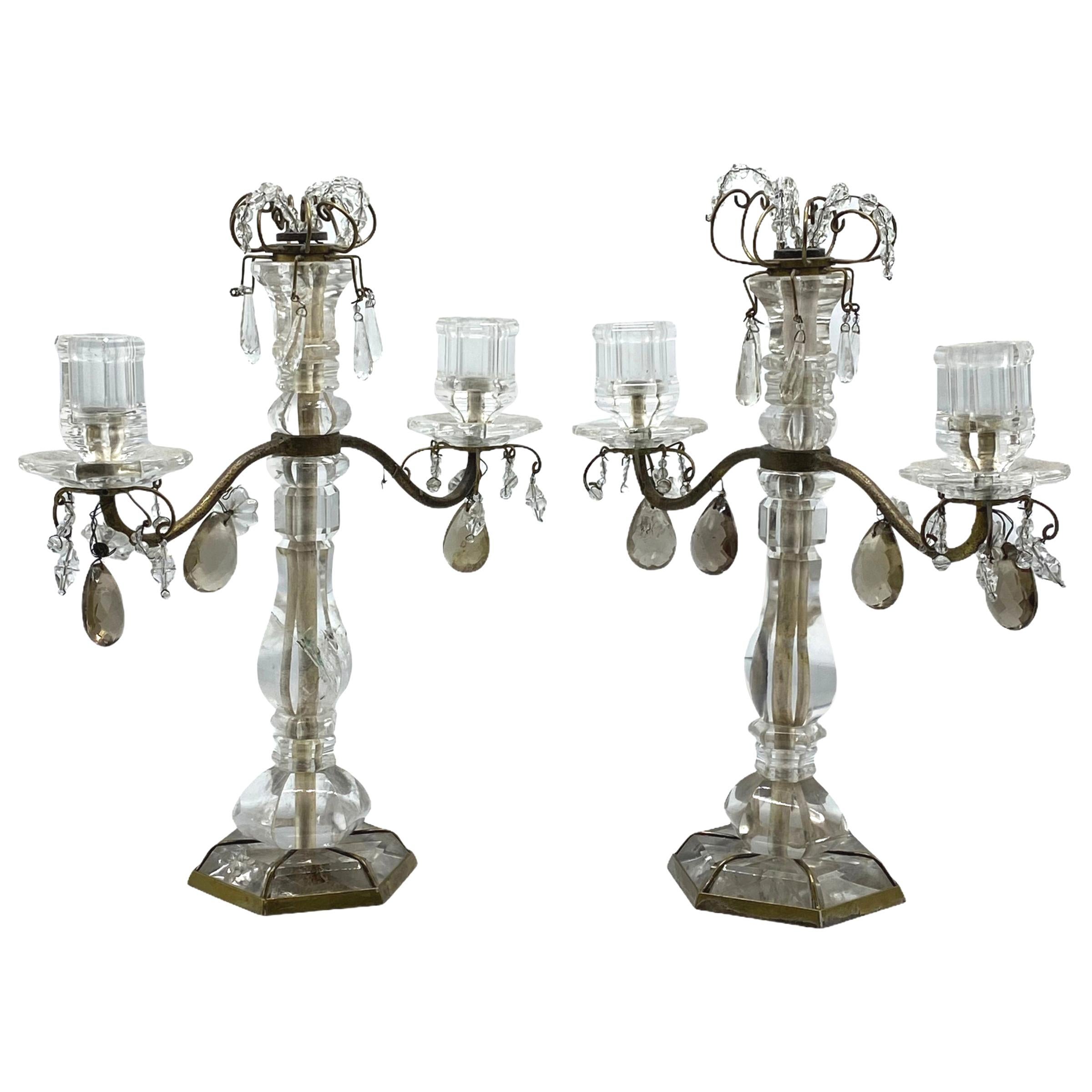 Pair of Antique Rock Crystal and Bronze Two-Light Candelabras