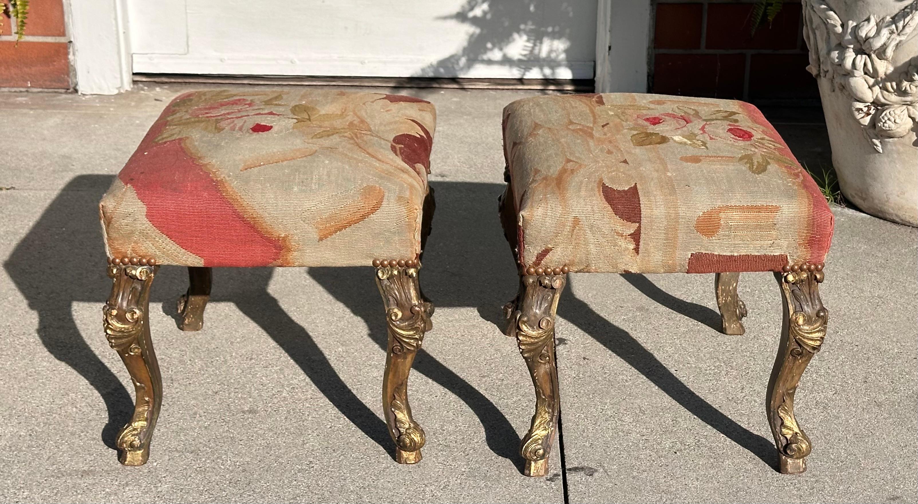 18th Century and Earlier Pair of Antique Rococo Giltwood Stools W 18th C Aubusson Tapestry For Sale