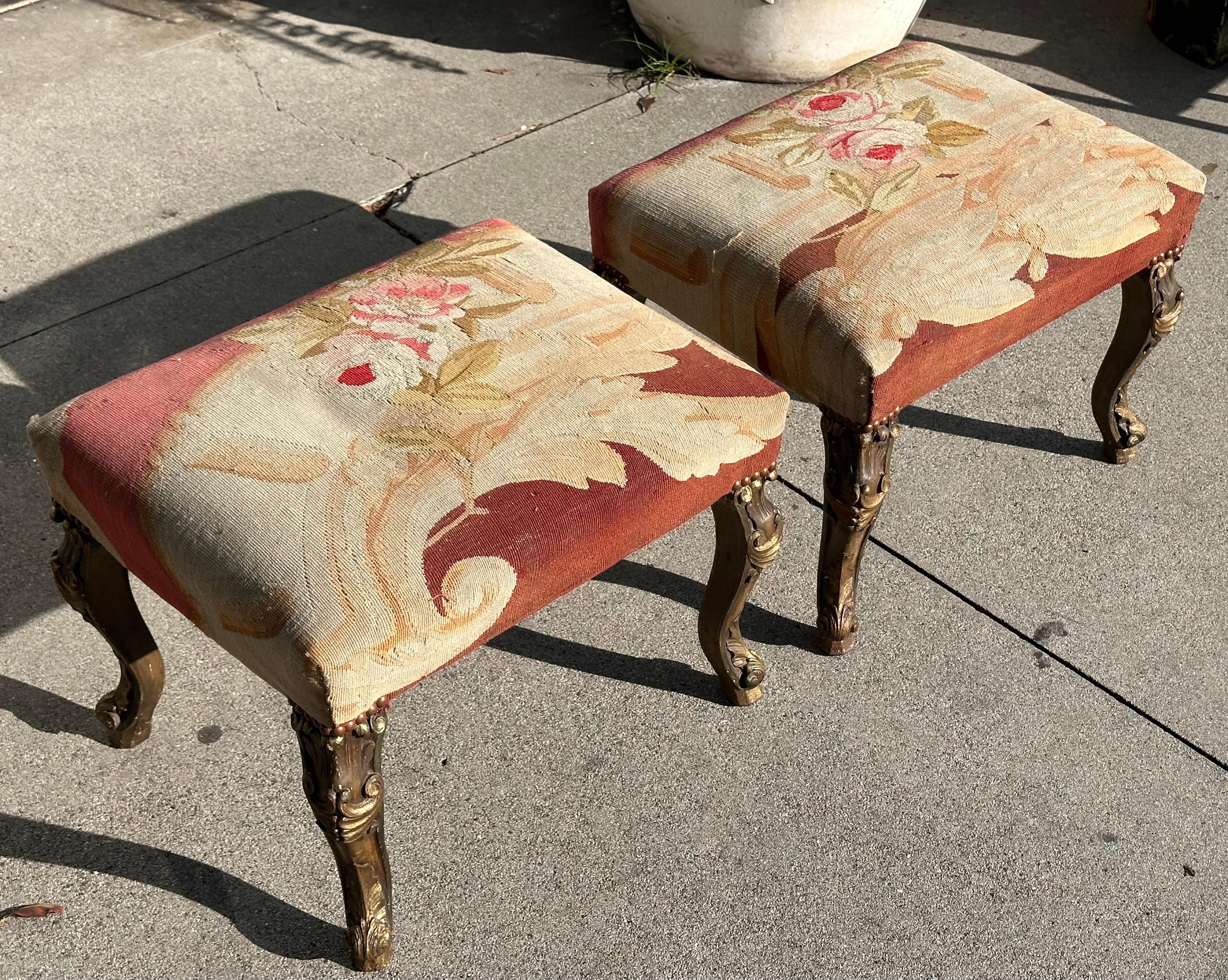 Pair of Antique Rococo Giltwood Stools W 18th C Aubusson Tapestry For Sale 2