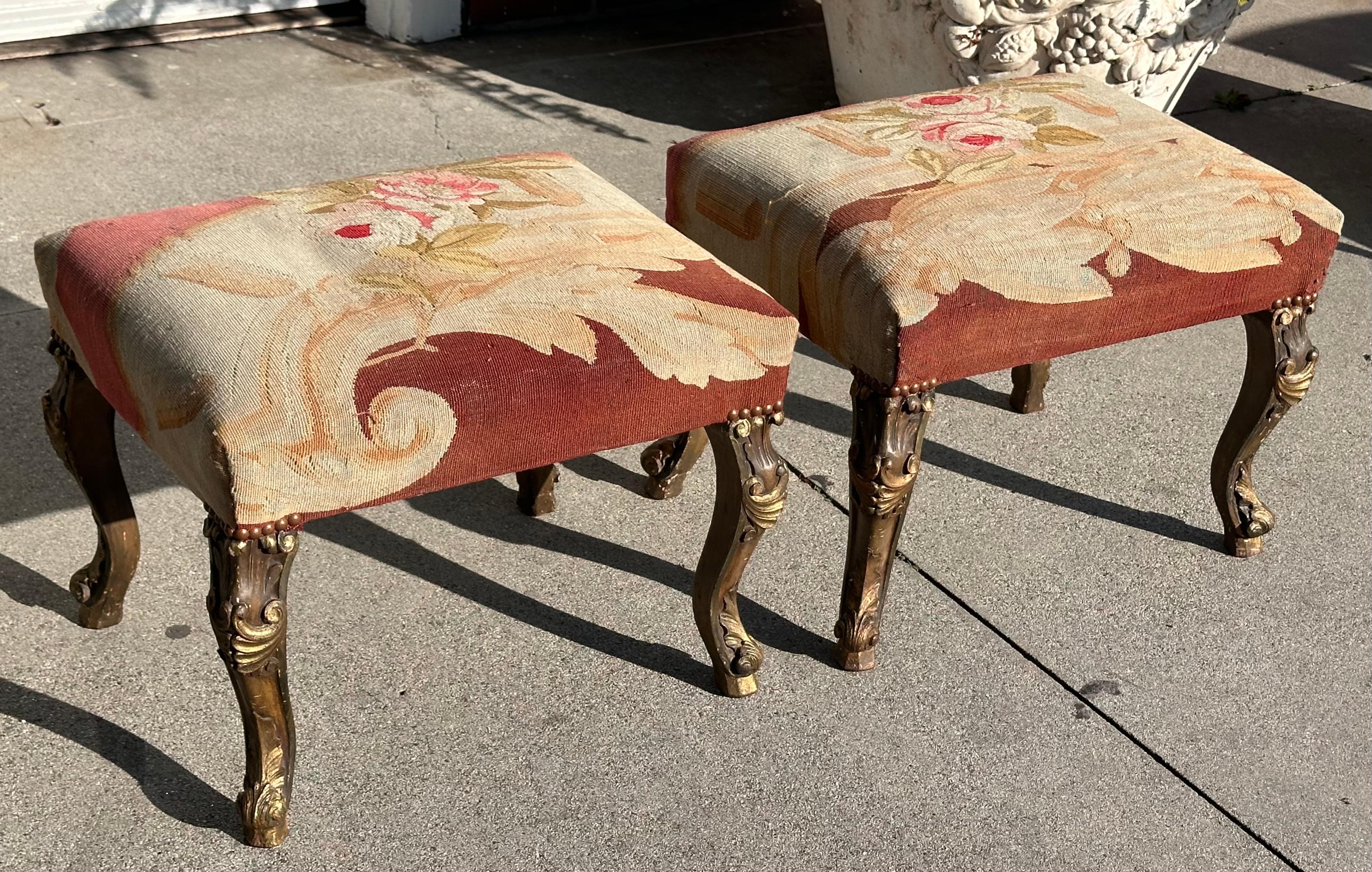 Pair of Antique Rococo Giltwood Stools W 18th C Aubusson Tapestry For Sale 3