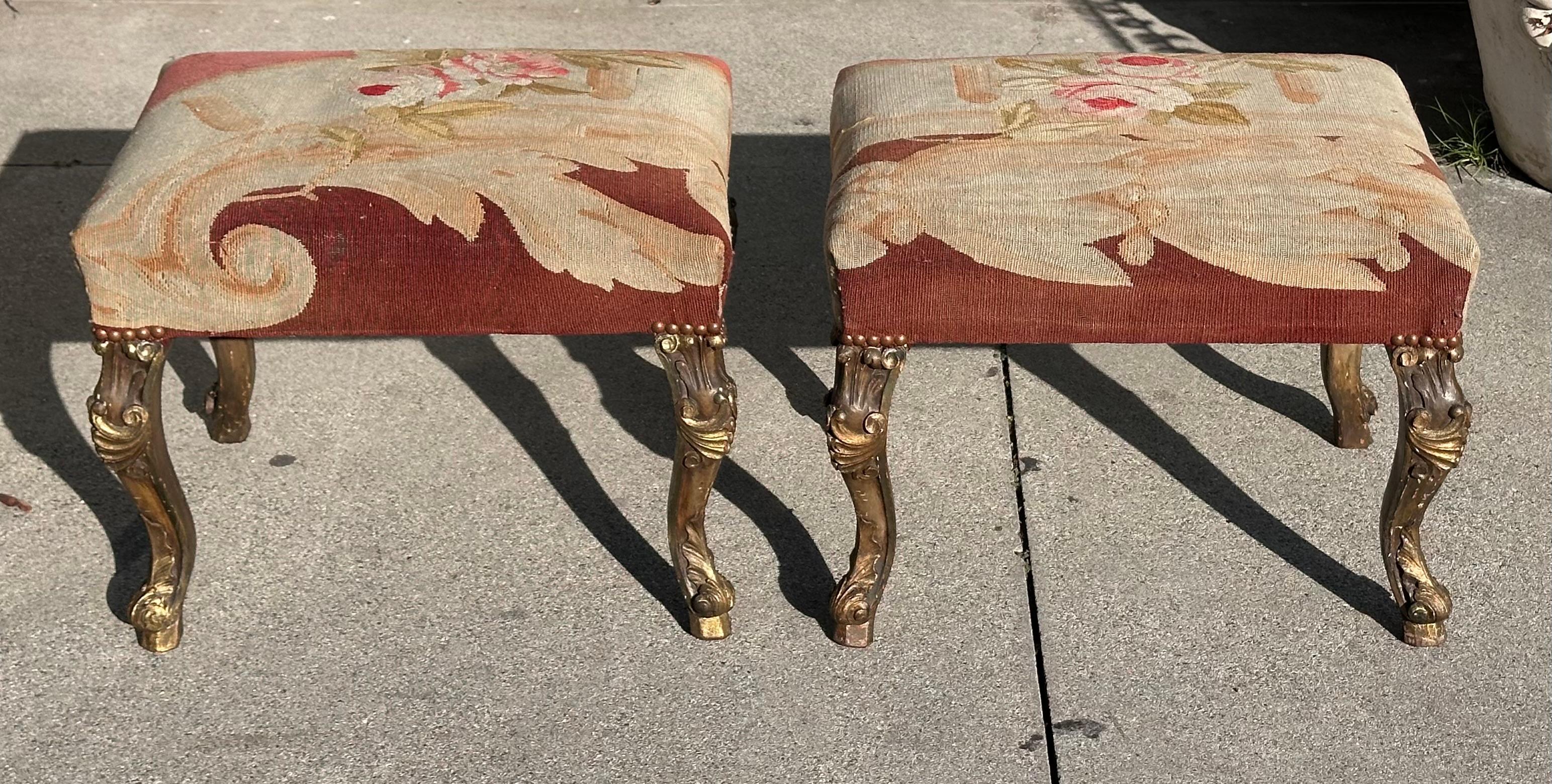 Pair of Antique Rococo Giltwood Stools W 18th C Aubusson Tapestry For Sale 5