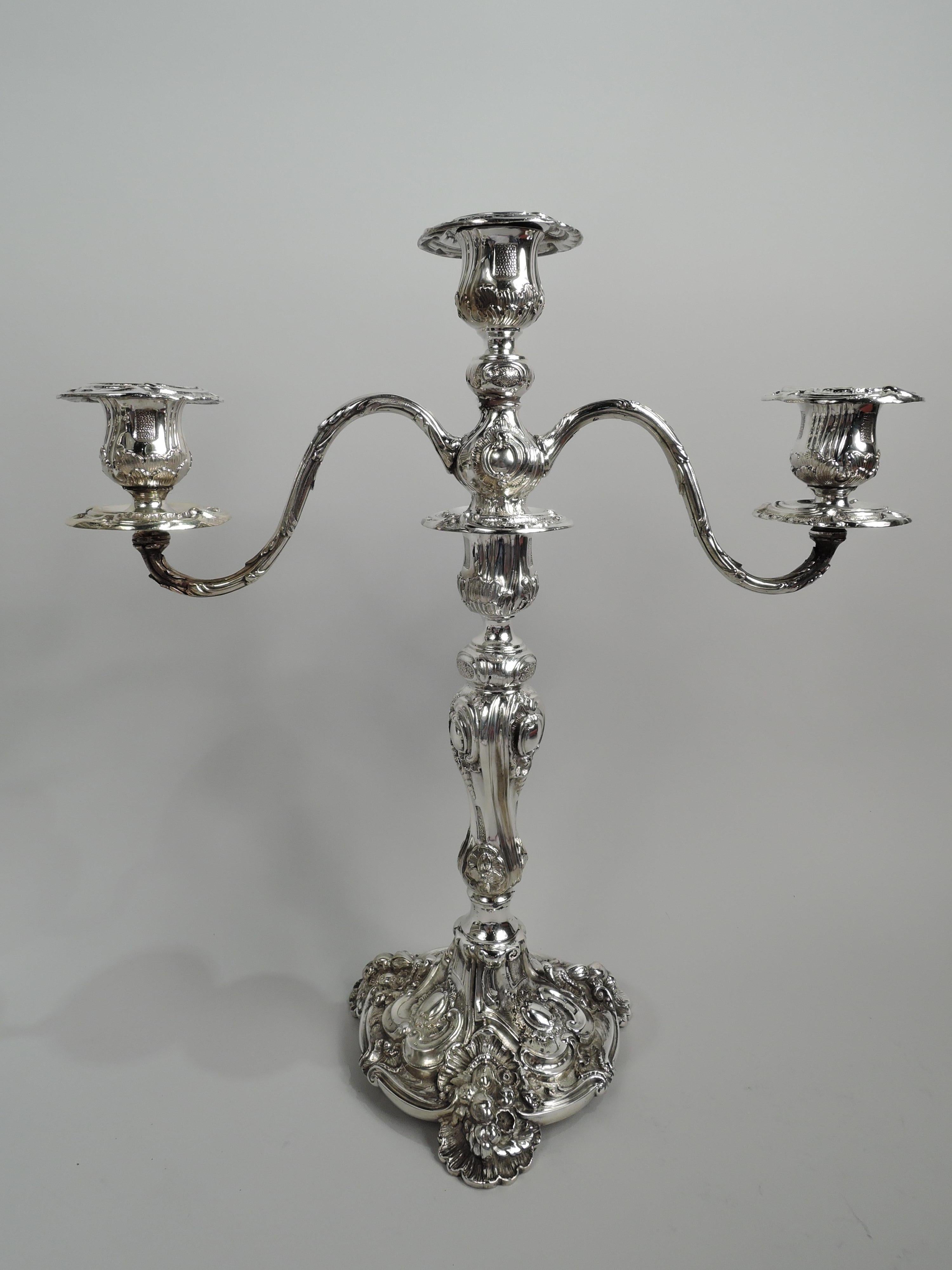 American Pair of Antique Rococo Revival Sterling Silver 3-Light Candelabra