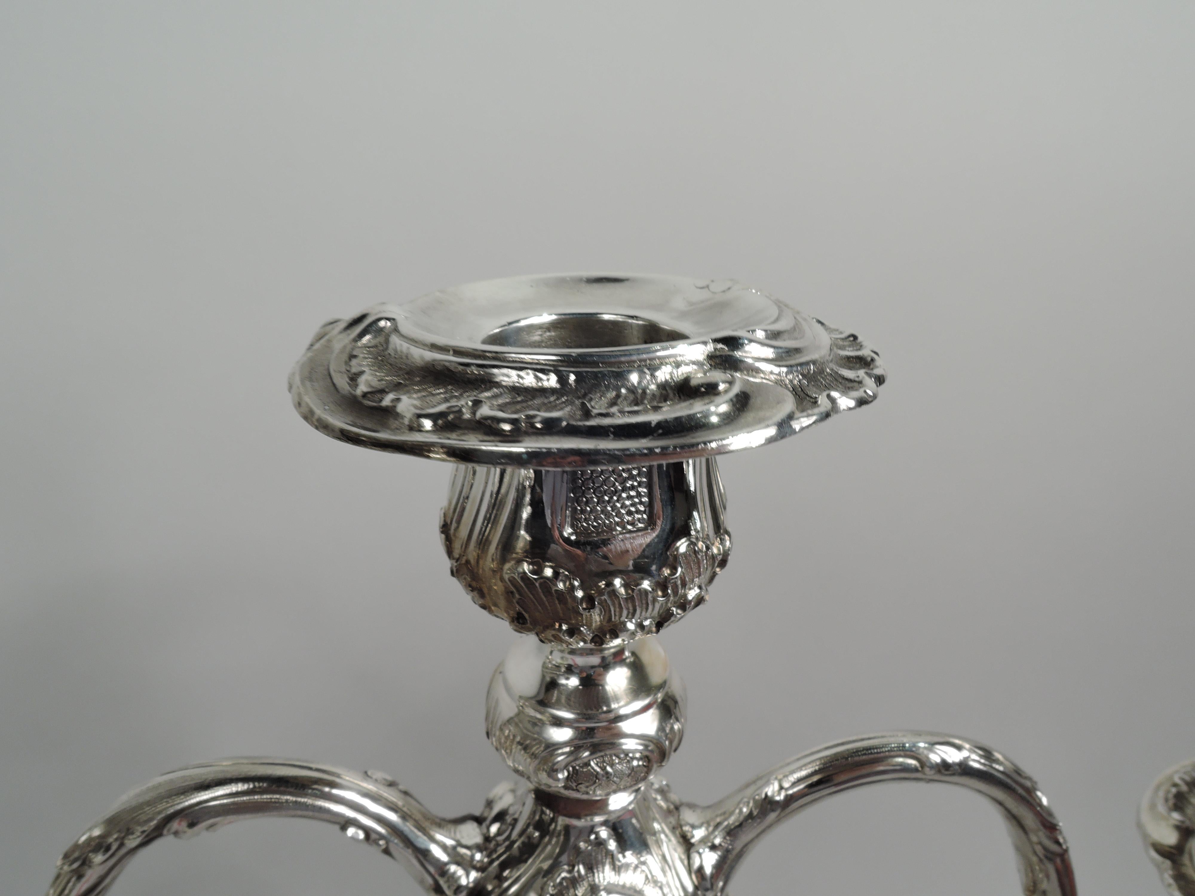 Pair of Antique Rococo Revival Sterling Silver 3-Light Candelabra In Good Condition In New York, NY