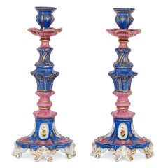 Pair of Antique Rococo Style Russian Porcelain Candlesticks