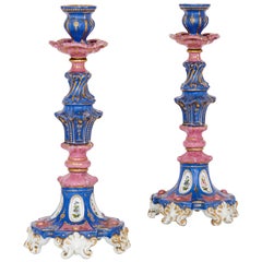 Pair of Antique Rococo Style Russian Porcelain Candlesticks
