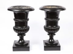 Pair of Antique Roman Neoclassical Campagna Shaped Black Scagliola Vases or Urns